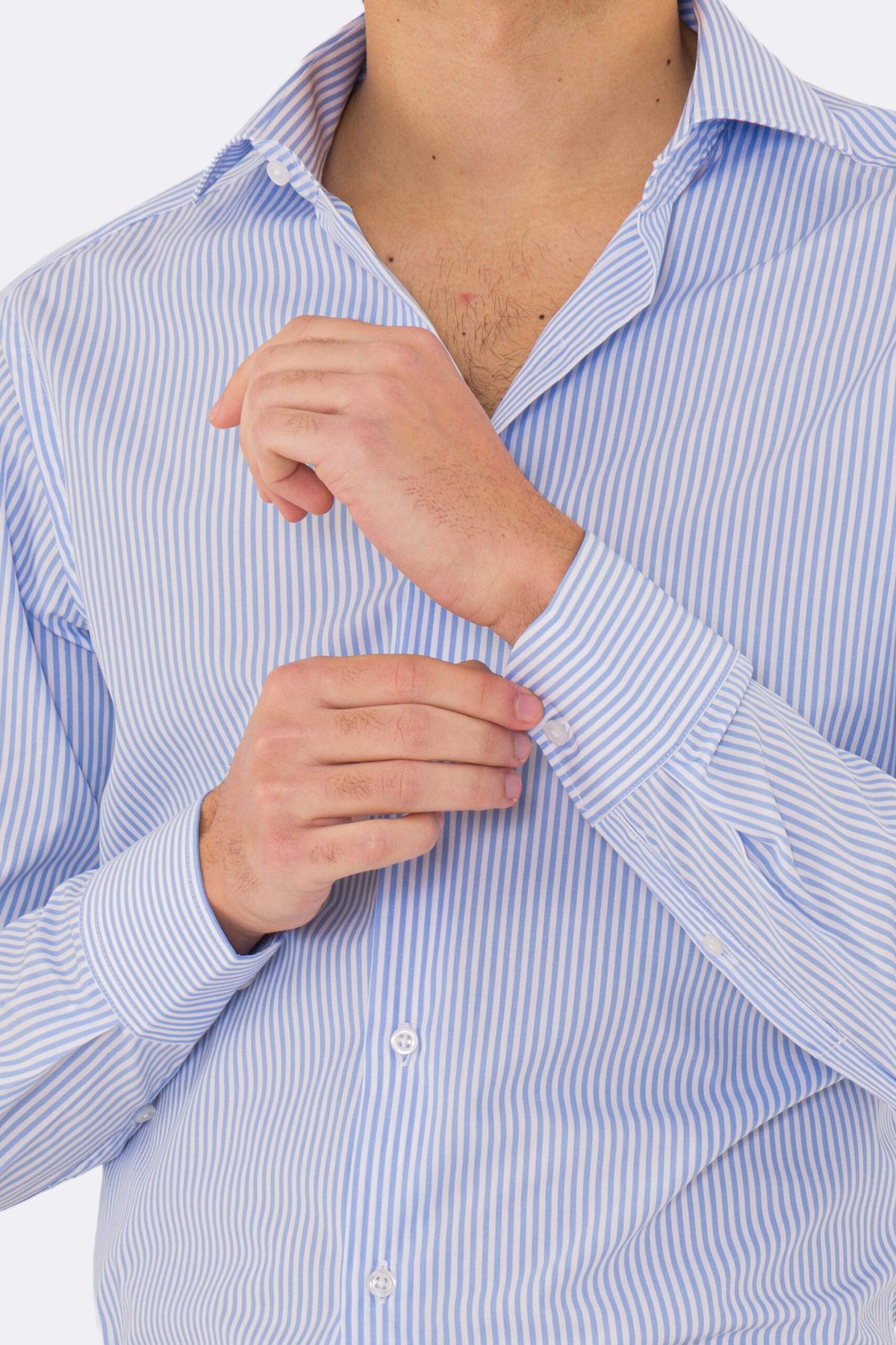 Camicia Uomo celeste a righe medie slim Fit 100% cotone popeline collo semi francese Tessuti Twill