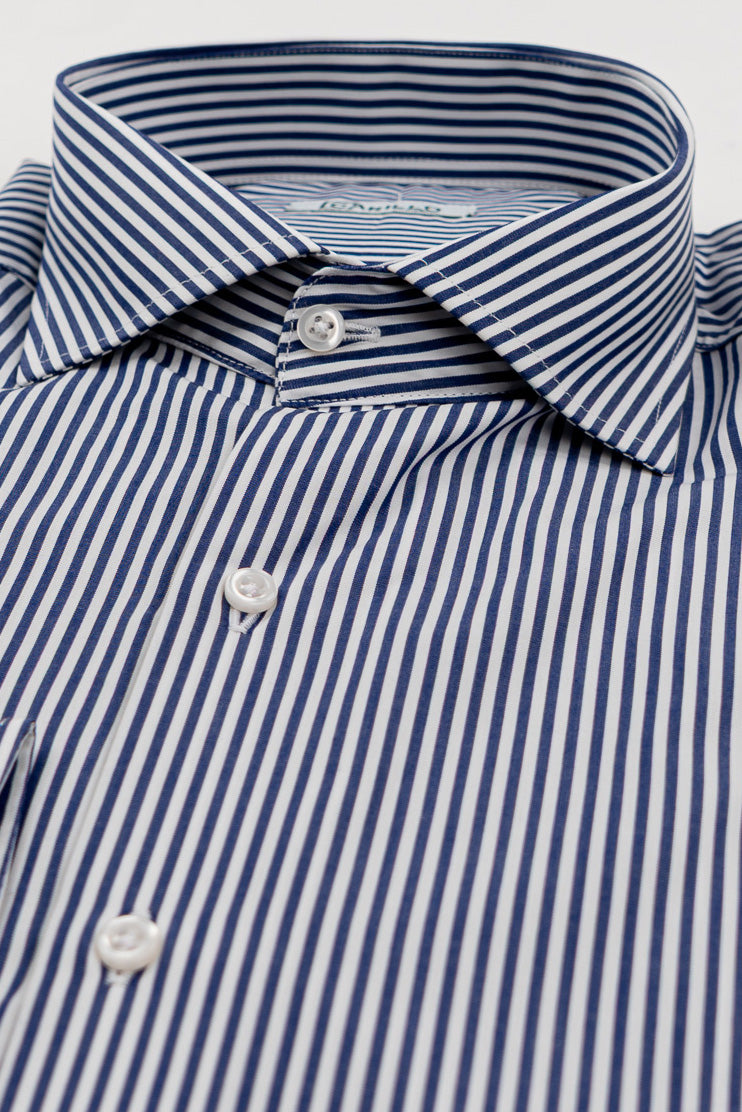 Camicia blu navy righe Medie slim Fit uomo 100% cotone popeline collo semi francese Tessuti Twill