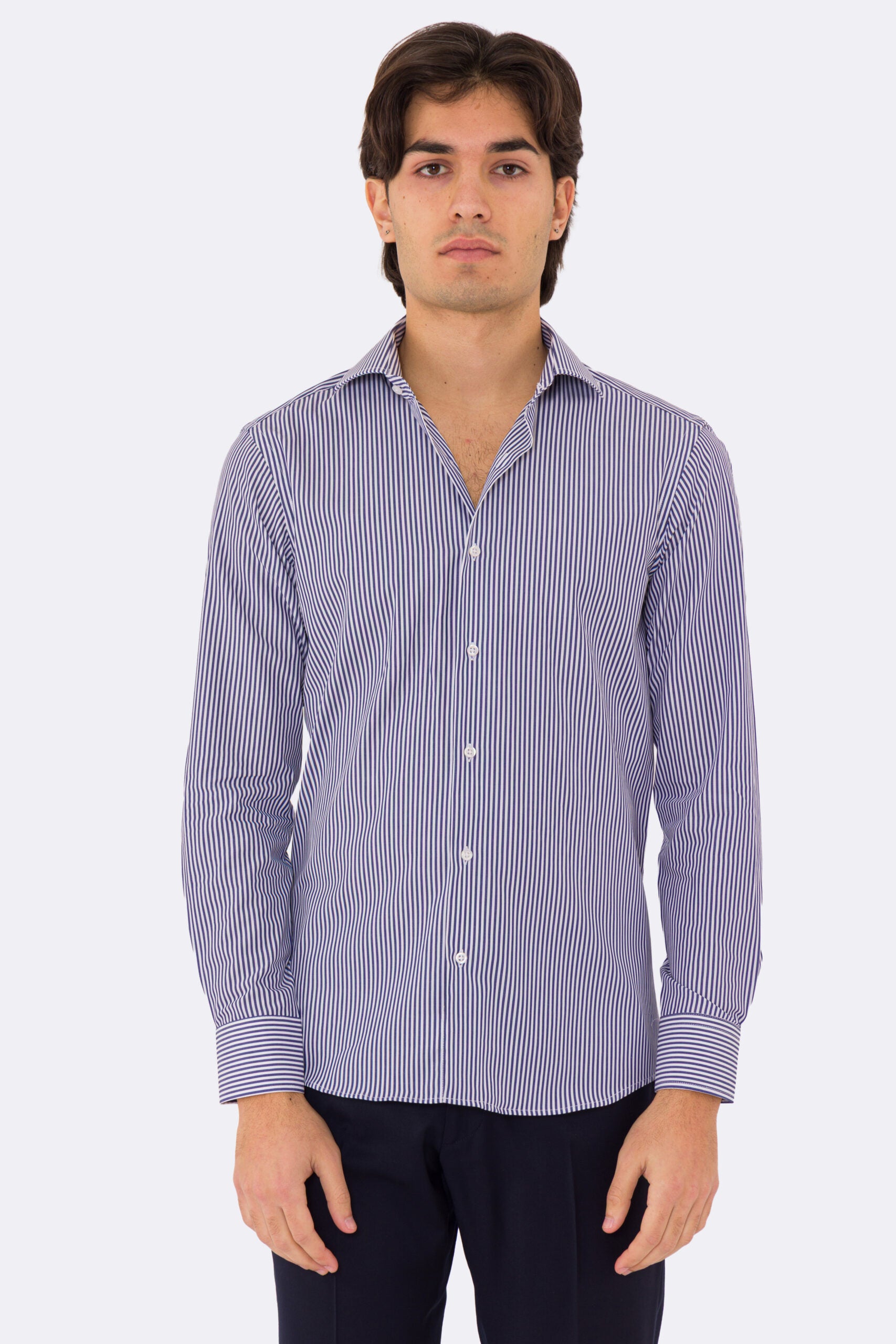 Camicia blu navy righe Medie slim Fit uomo 100% cotone popeline collo semi francese Tessuti Twill