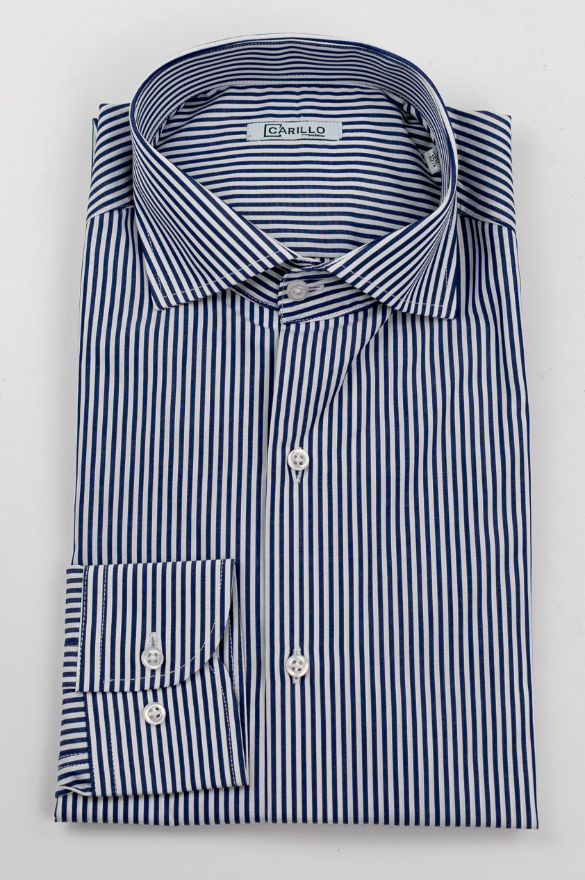 Camicia blu navy righe Medie slim Fit uomo 100% cotone popeline collo semi francese Tessuti Twill