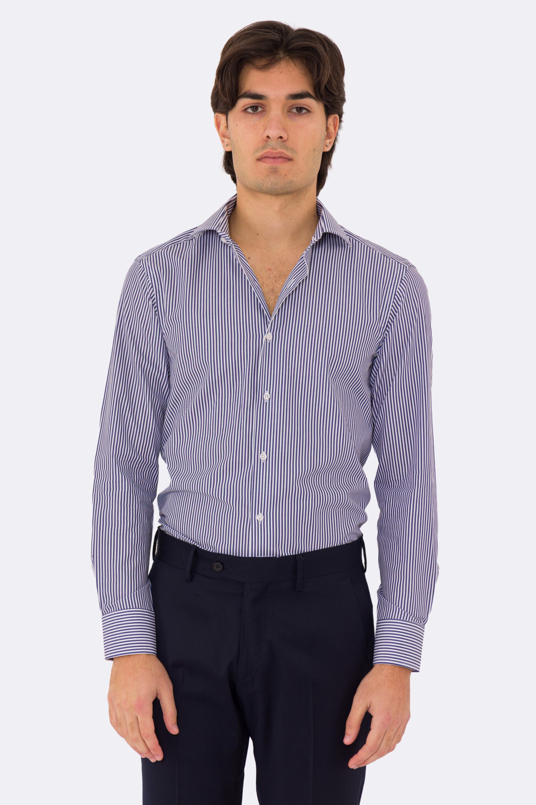 Camicia blu navy righe Medie slim Fit uomo 100% cotone popeline collo semi francese Tessuti Twill
