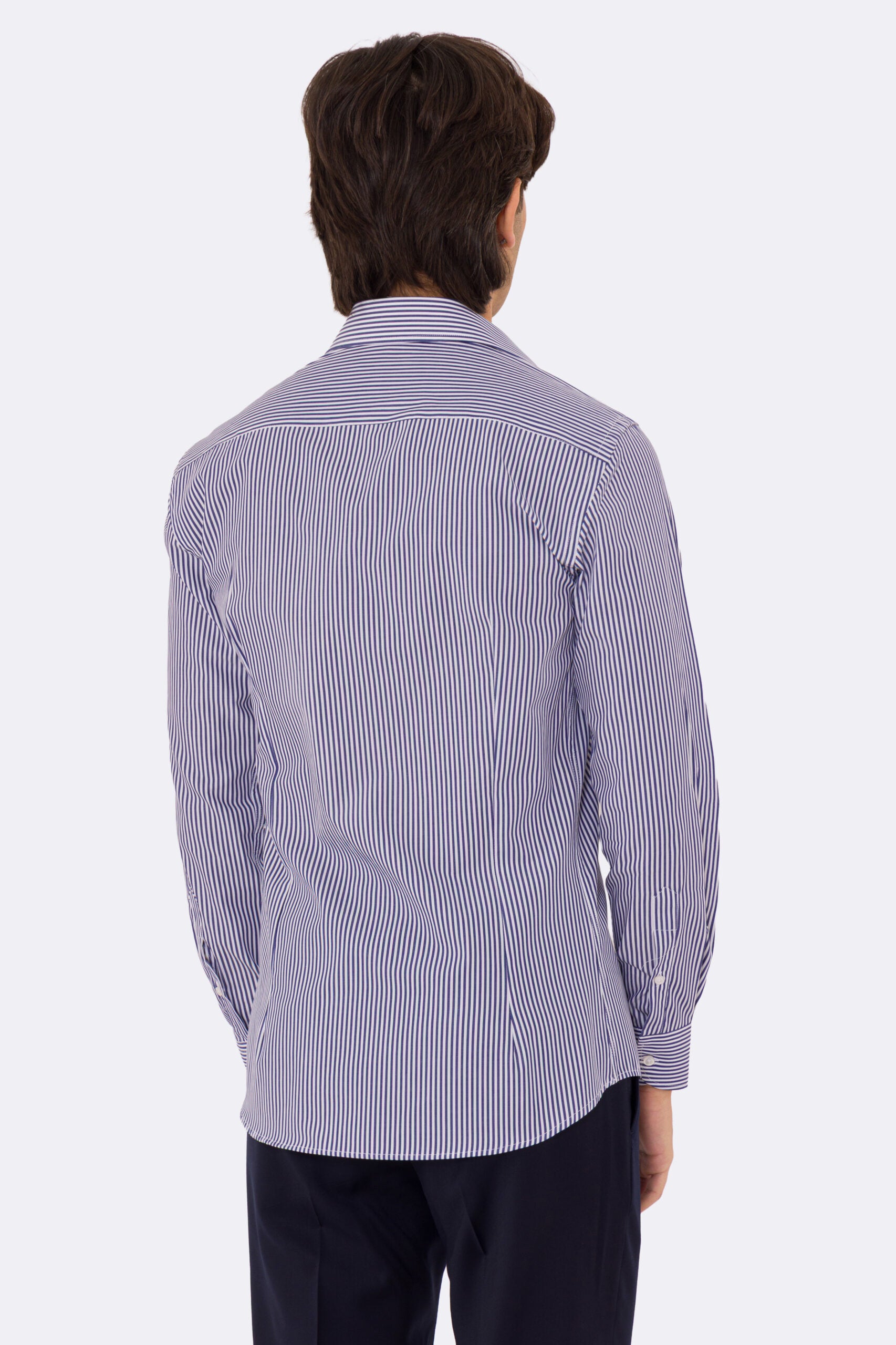 Camicia blu navy righe Medie slim Fit uomo 100% cotone popeline collo semi francese Tessuti Twill