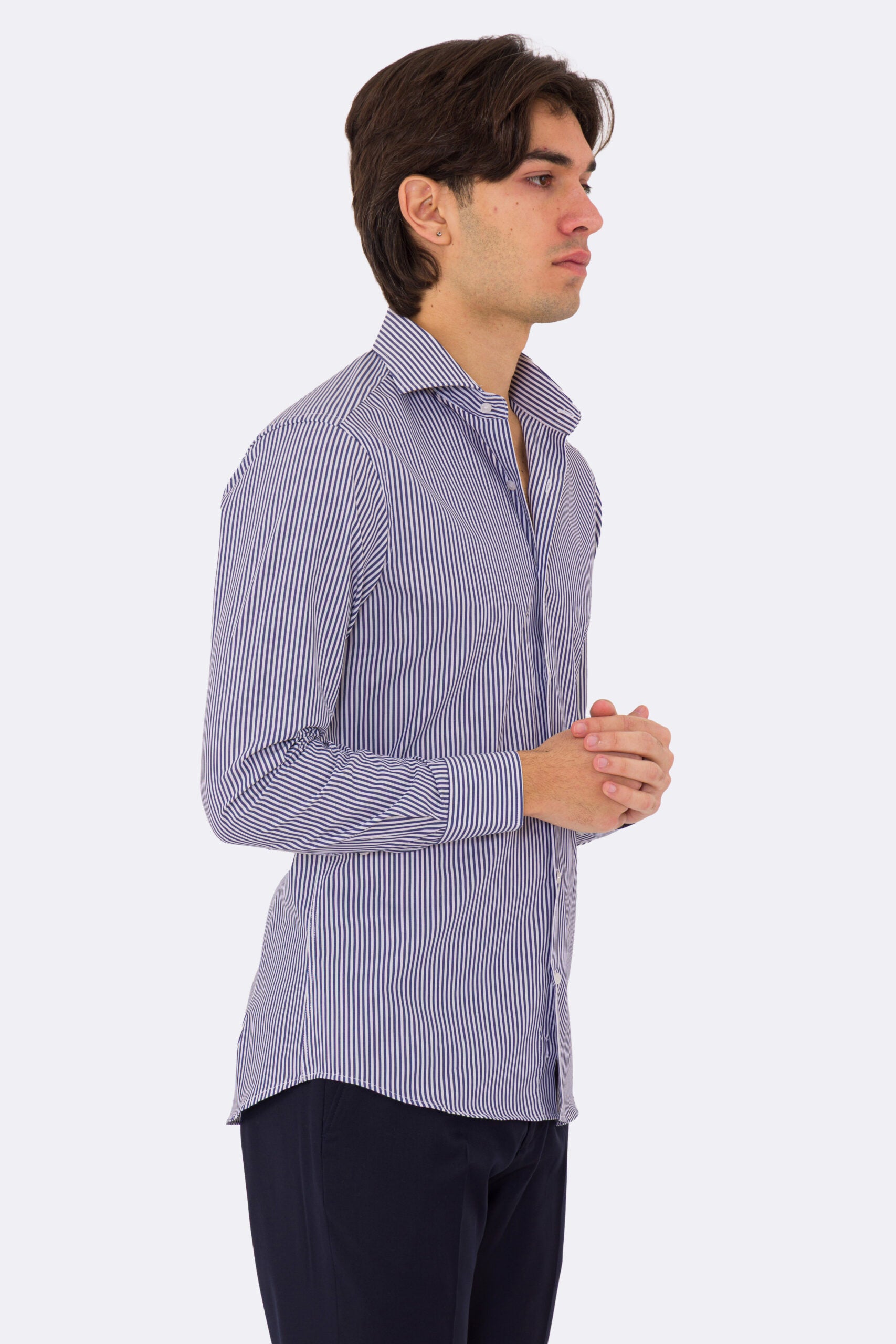 Camicia blu navy righe Medie slim Fit uomo 100% cotone popeline collo semi francese Tessuti Twill