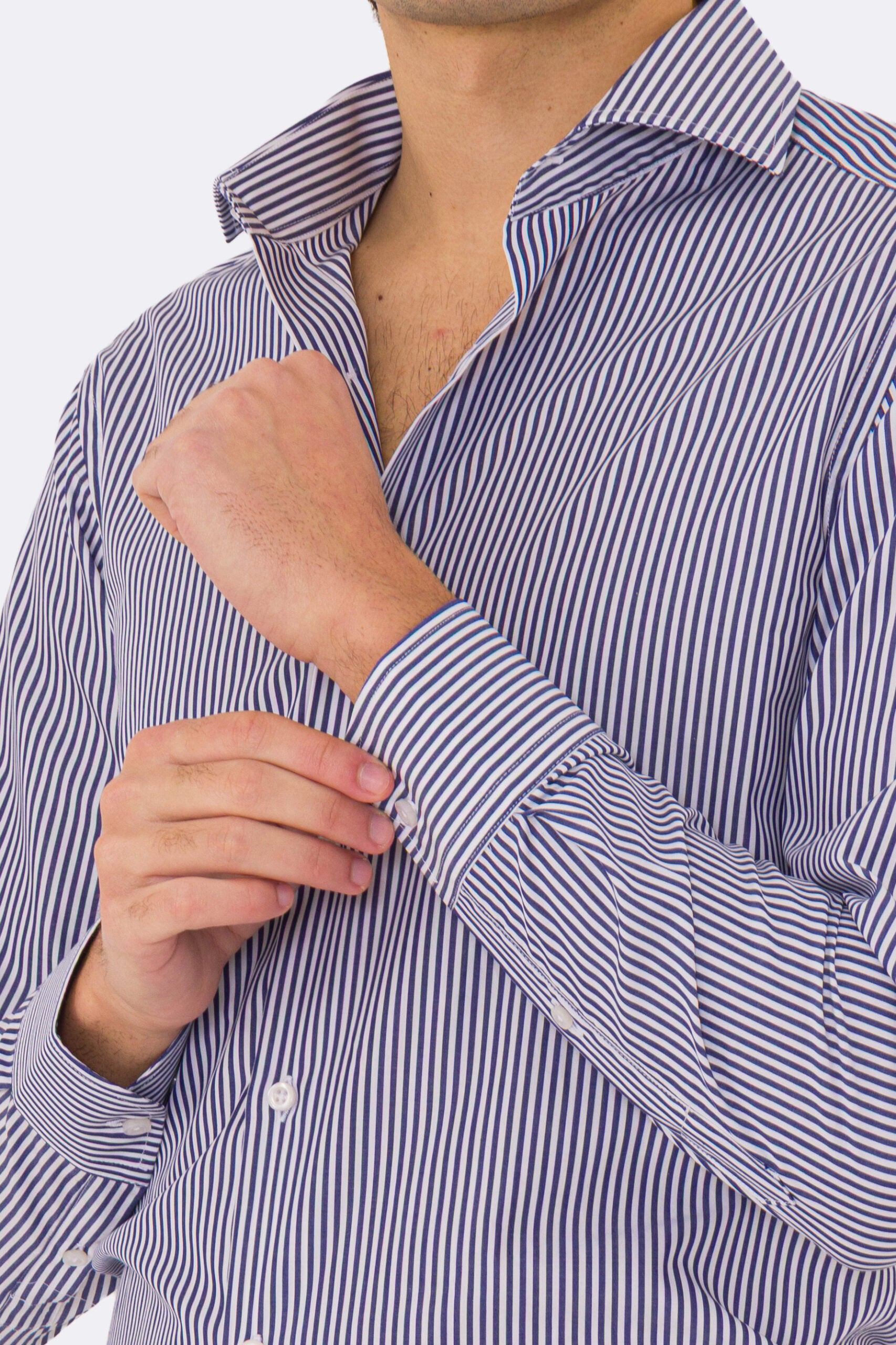 Camicia blu navy righe Medie slim Fit uomo 100% cotone popeline collo semi francese Tessuti Twill