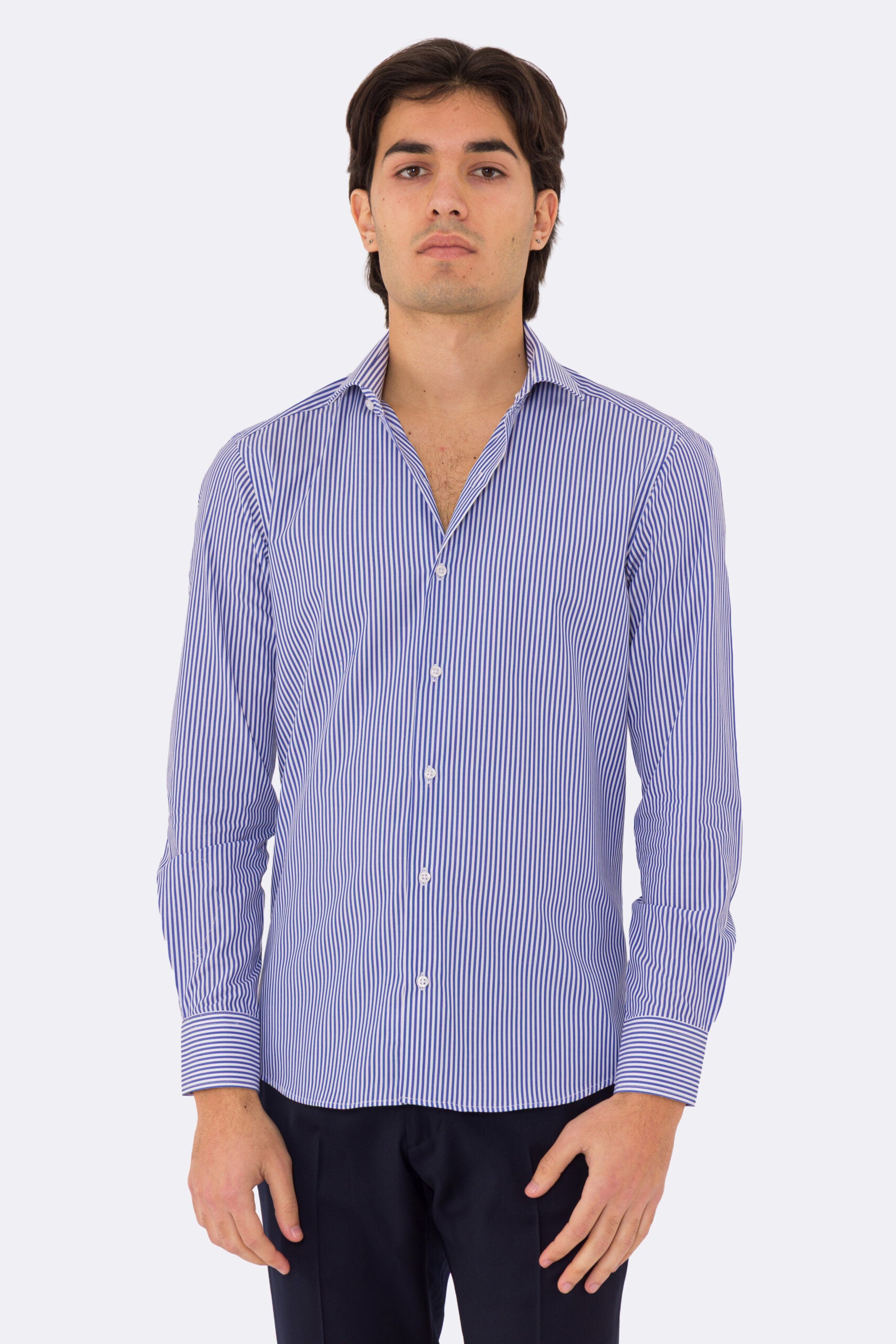 Camicia Uomo Royal blu a righe medie slim Fit 100% cotone popeline collo semi francese Tessuti Twill
