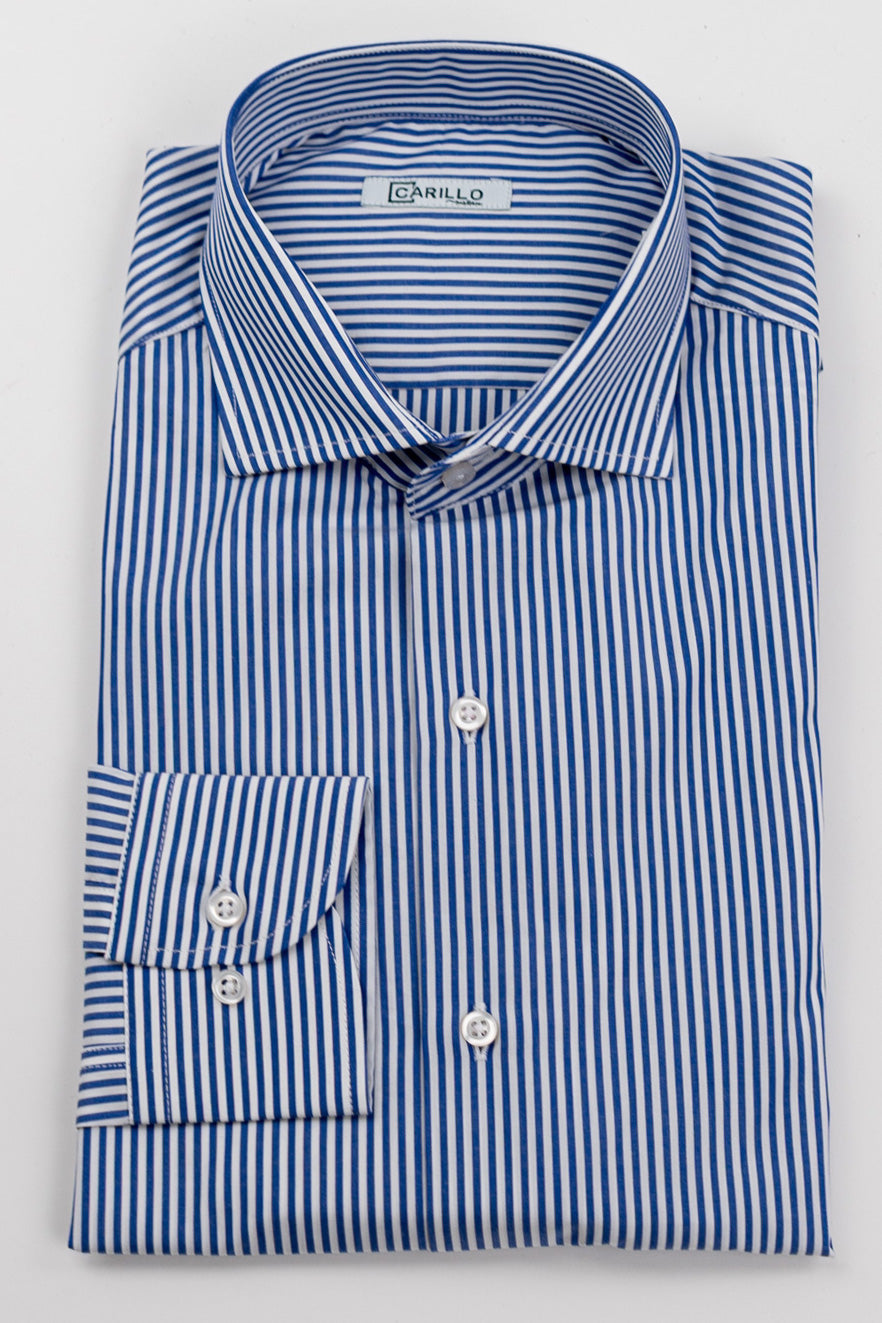 Camicia Uomo Royal blu a righe medie slim Fit 100% cotone popeline collo semi francese Tessuti Twill