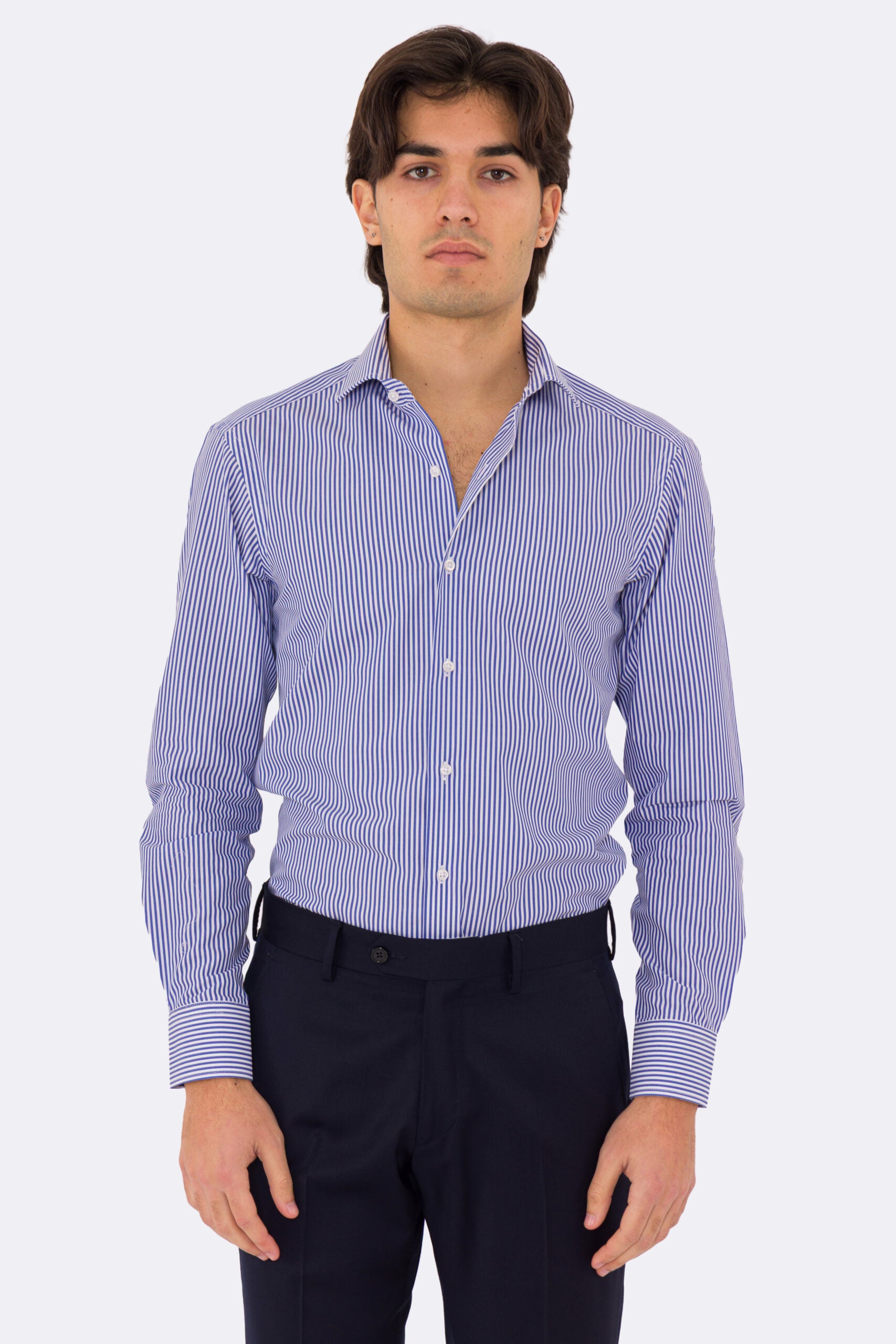 Camicia Uomo Royal blu a righe medie slim Fit 100% cotone popeline collo semi francese Tessuti Twill