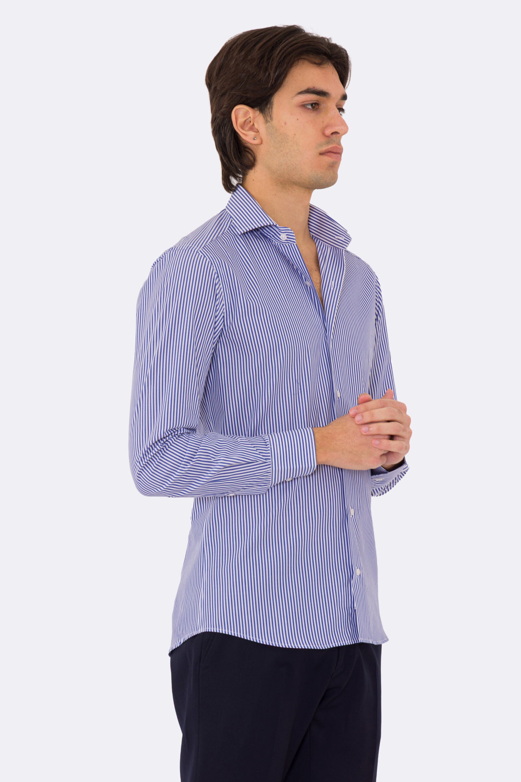 Camicia Uomo Royal blu a righe medie slim Fit 100% cotone popeline collo semi francese Tessuti Twill