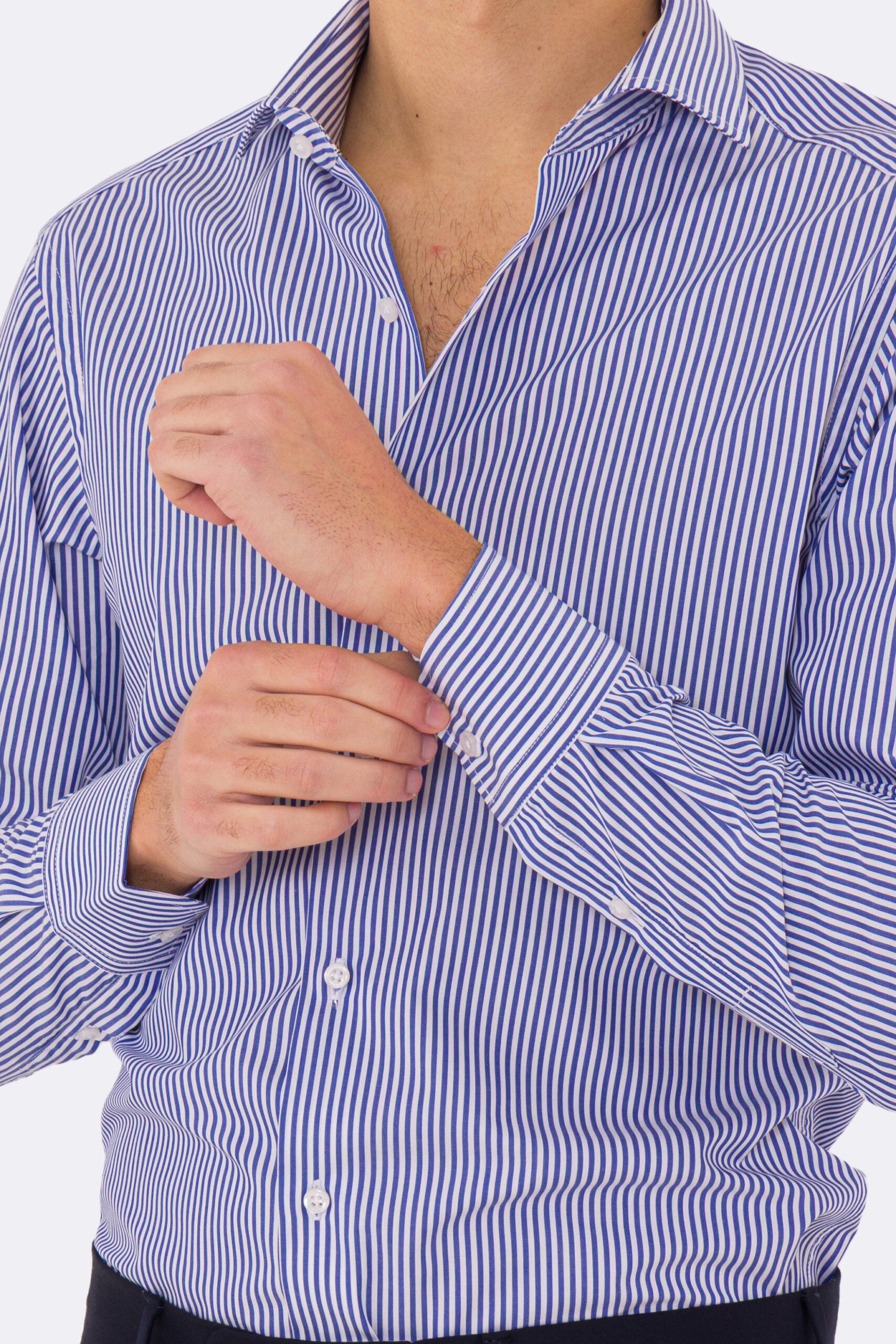 Camicia Uomo Royal blu a righe medie slim Fit 100% cotone popeline collo semi francese Tessuti Twill
