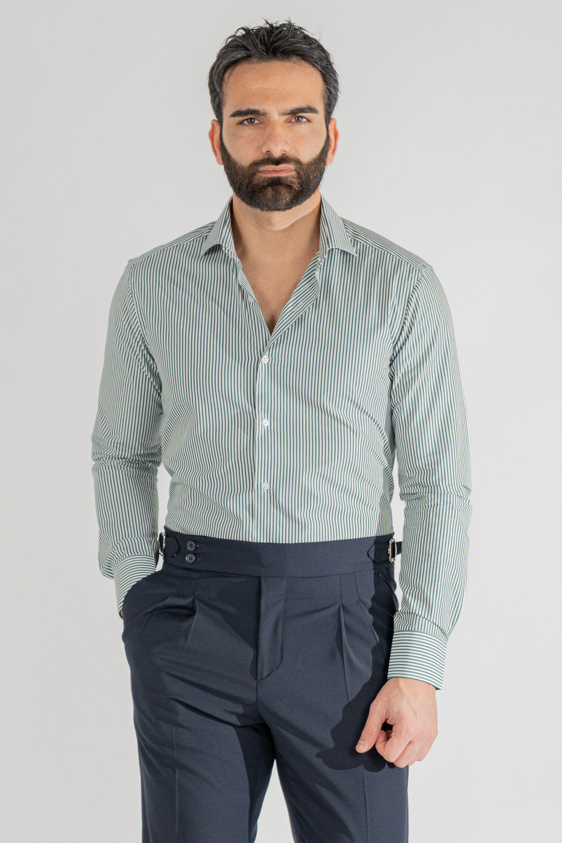 Camicia Uomo verde a righe medie slim Fit 100% cotone popeline collo semi francese Tessuti Twill