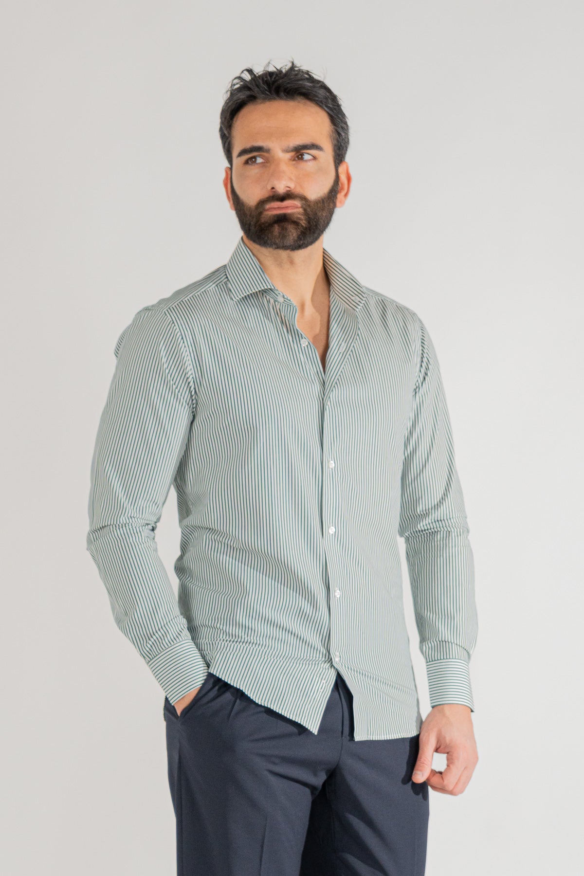 Camicia Uomo verde a righe medie slim Fit 100% cotone popeline collo semi francese Tessuti Twill
