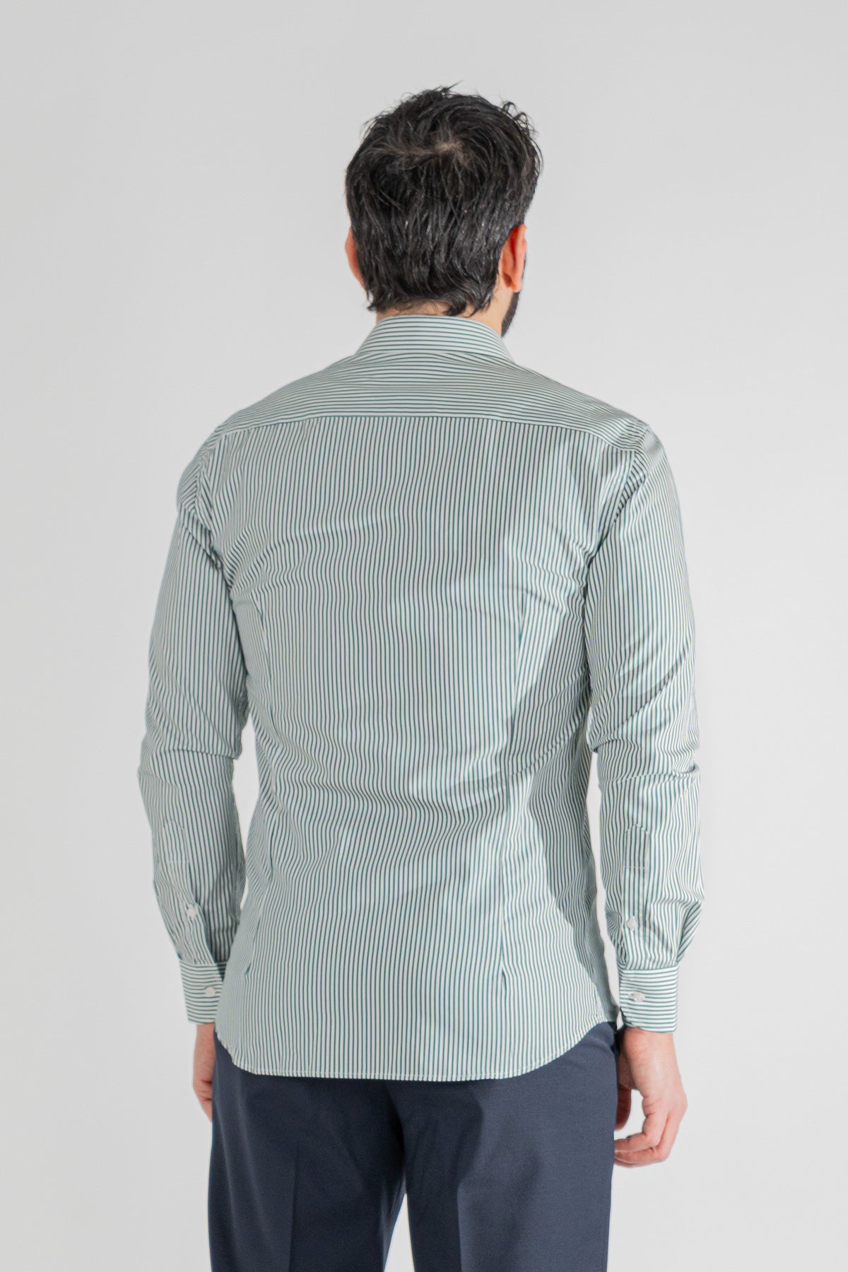 Camicia Uomo verde a righe medie slim Fit 100% cotone popeline collo semi francese Tessuti Twill