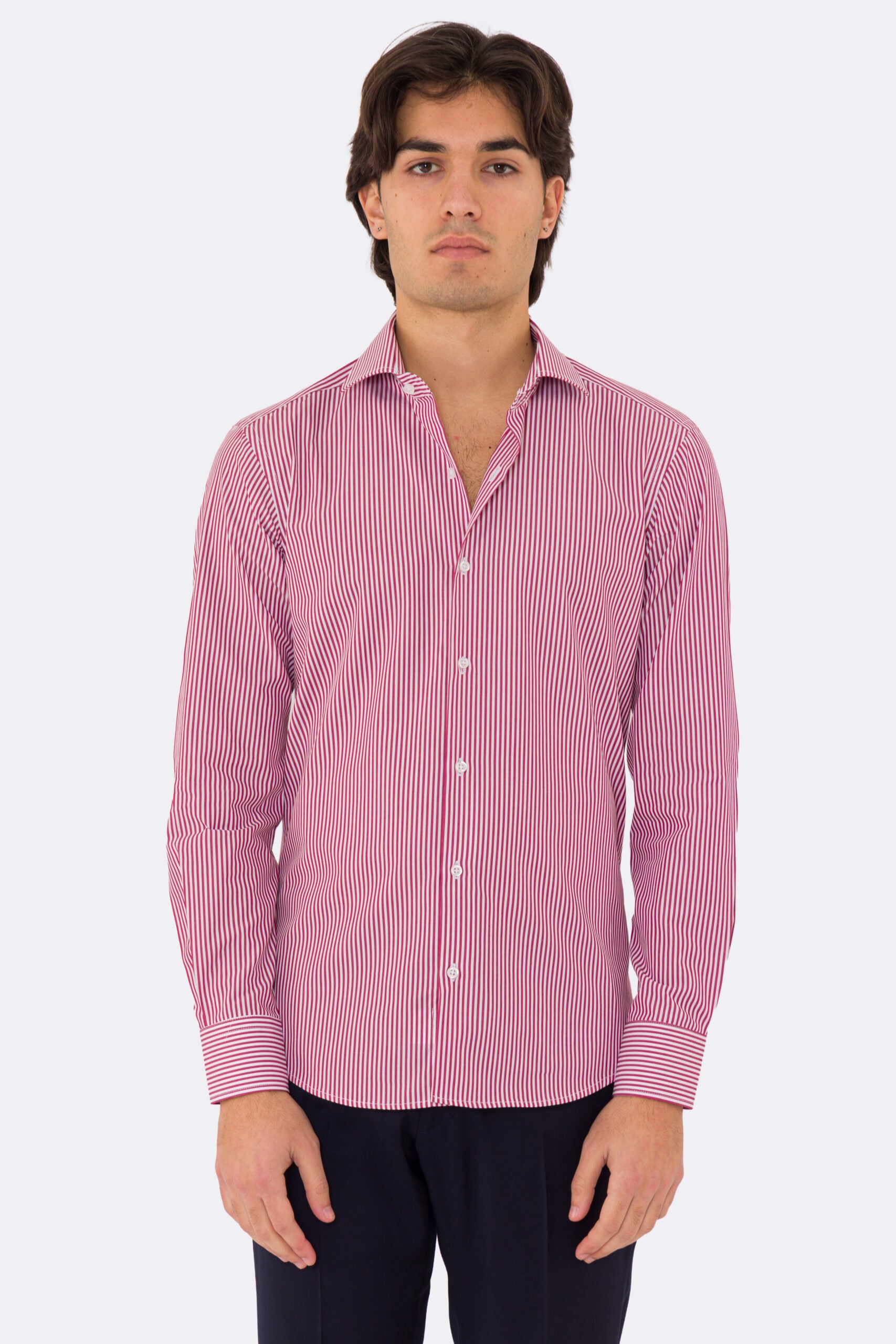 Camicia rossa a righe medie slim Fit uomo 100% cotone popeline collo semi francese Tessuti Twill