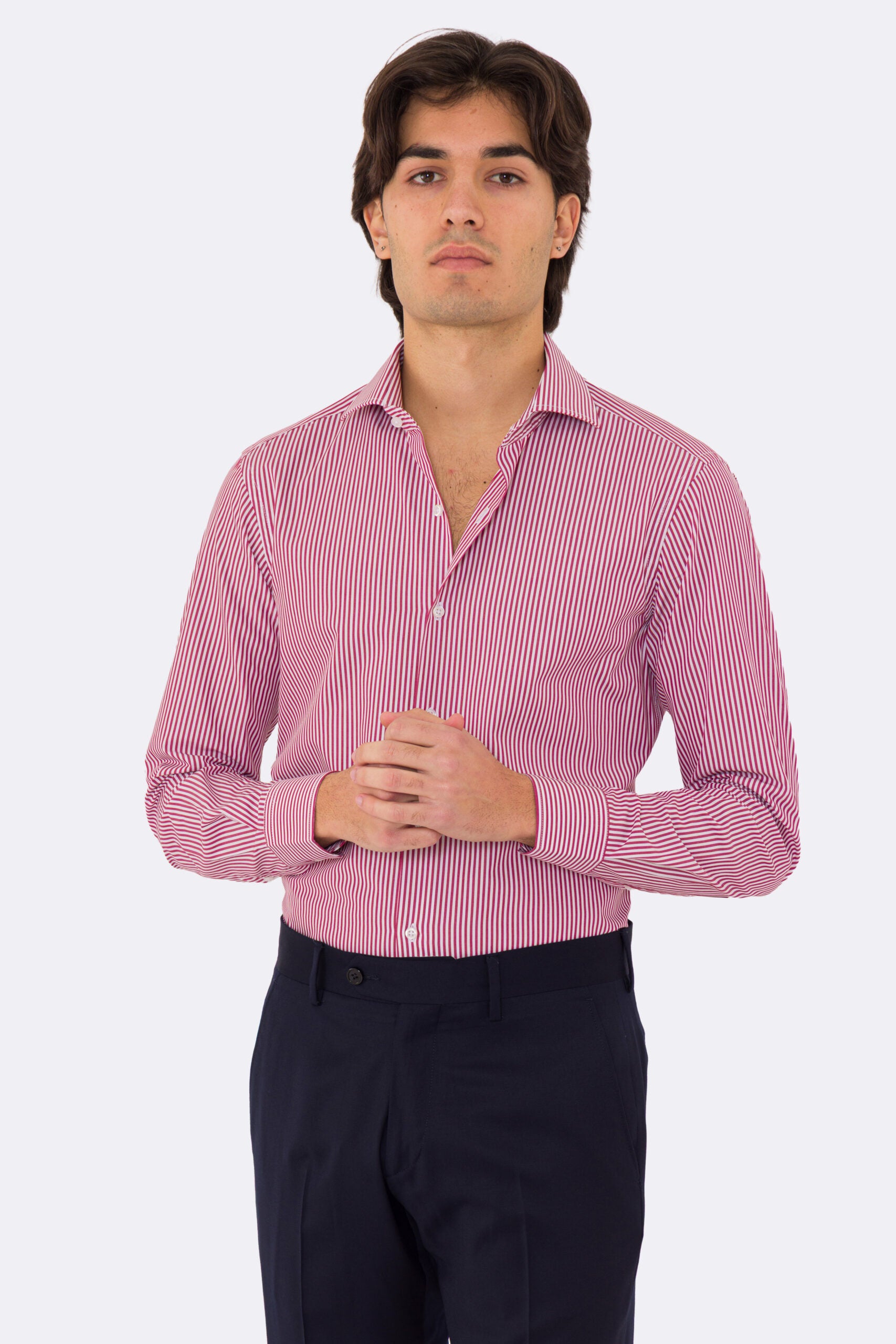 Camicia rossa a righe medie slim Fit uomo 100% cotone popeline collo semi francese Tessuti Twill