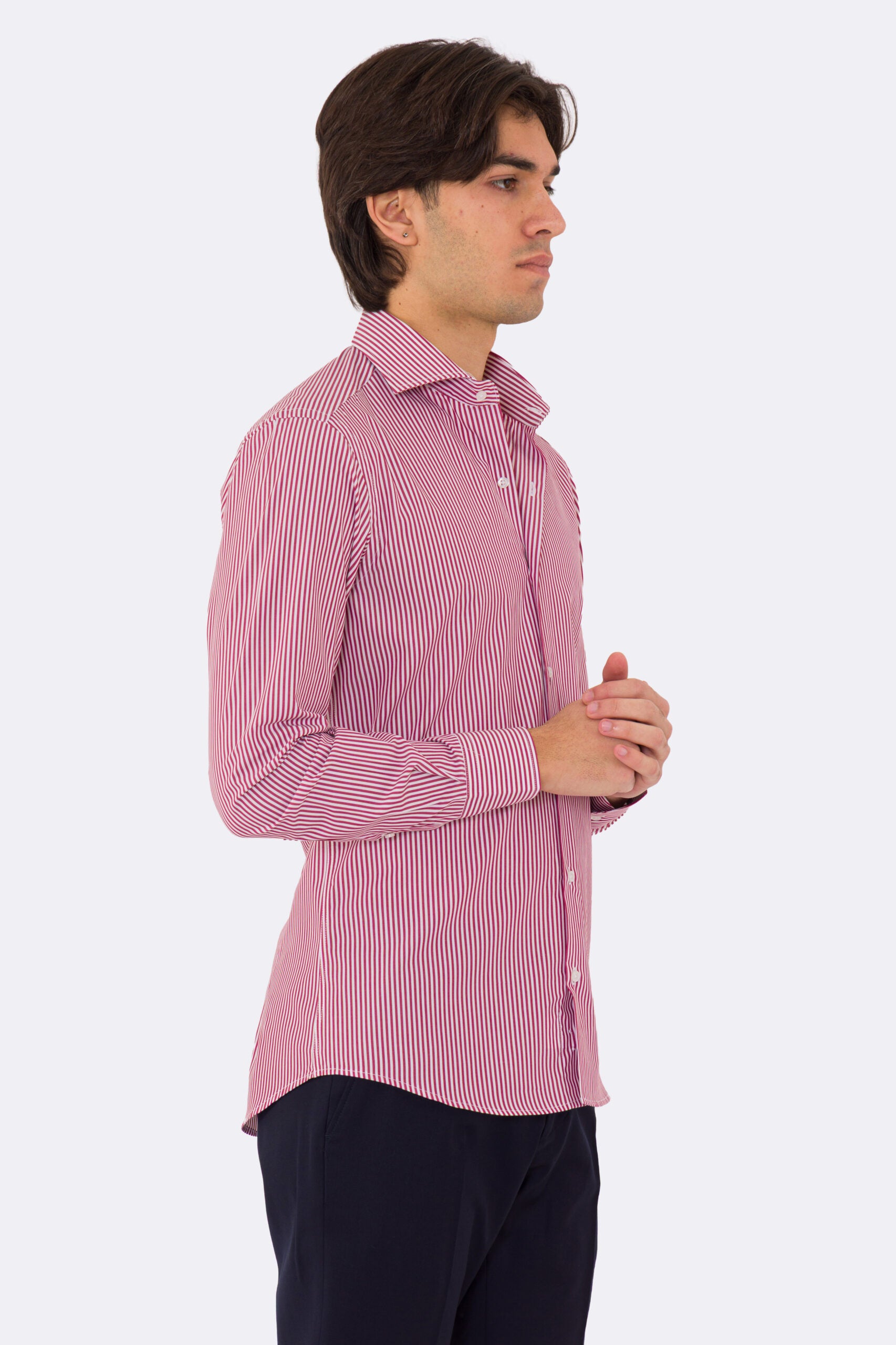 Camicia rossa a righe medie slim Fit uomo 100% cotone popeline collo semi francese Tessuti Twill