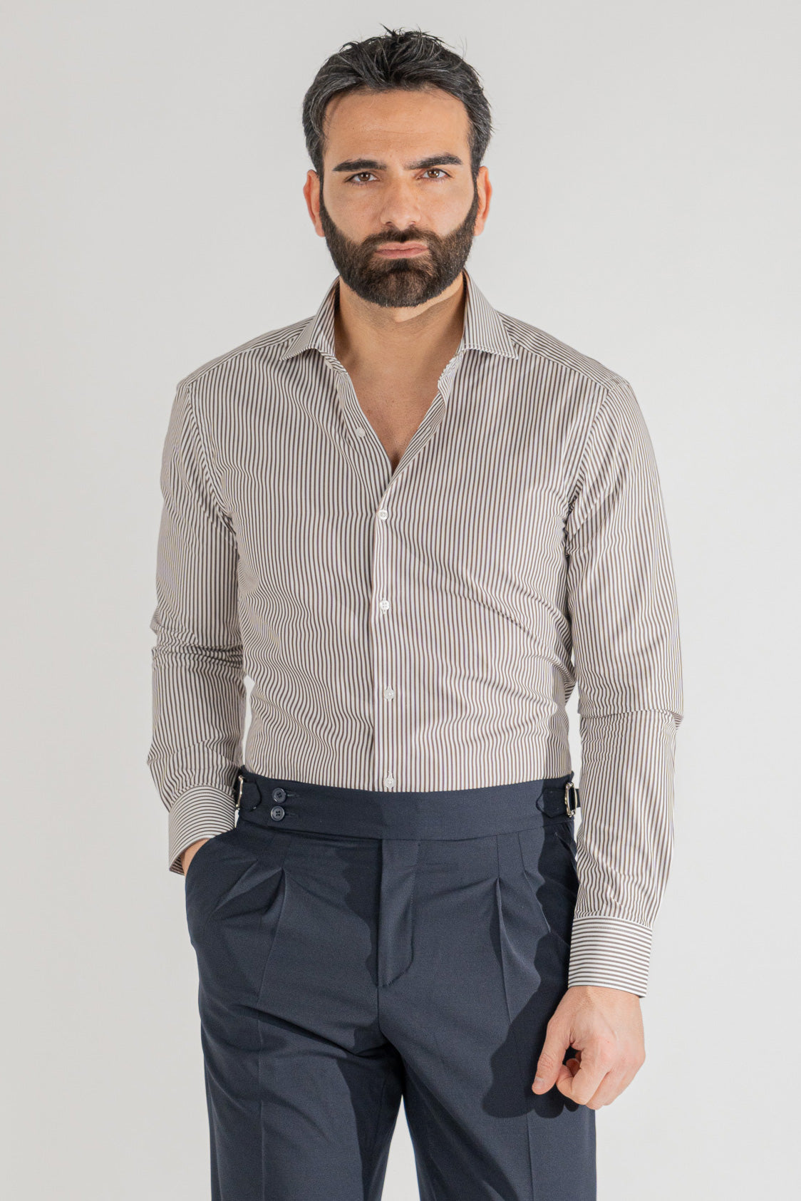 Camicia marrone a righe medie slim Fit uomo 100% cotone popeline collo semi francese Tessuti Twill