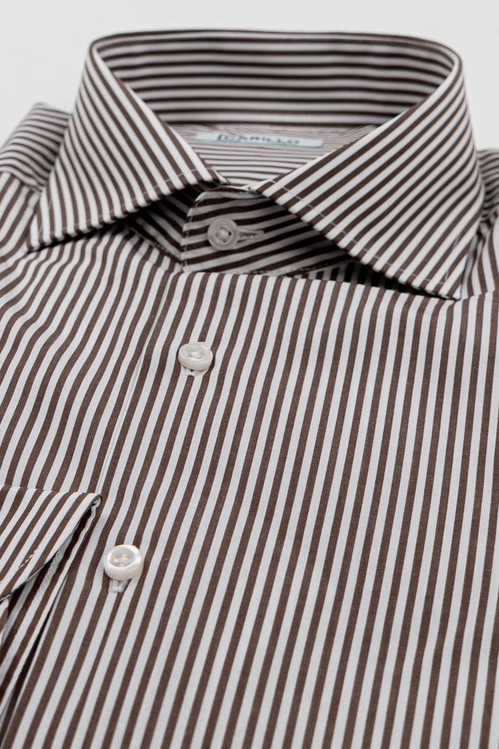 Camicia marrone a righe medie slim Fit uomo 100% cotone popeline collo semi francese Tessuti Twill