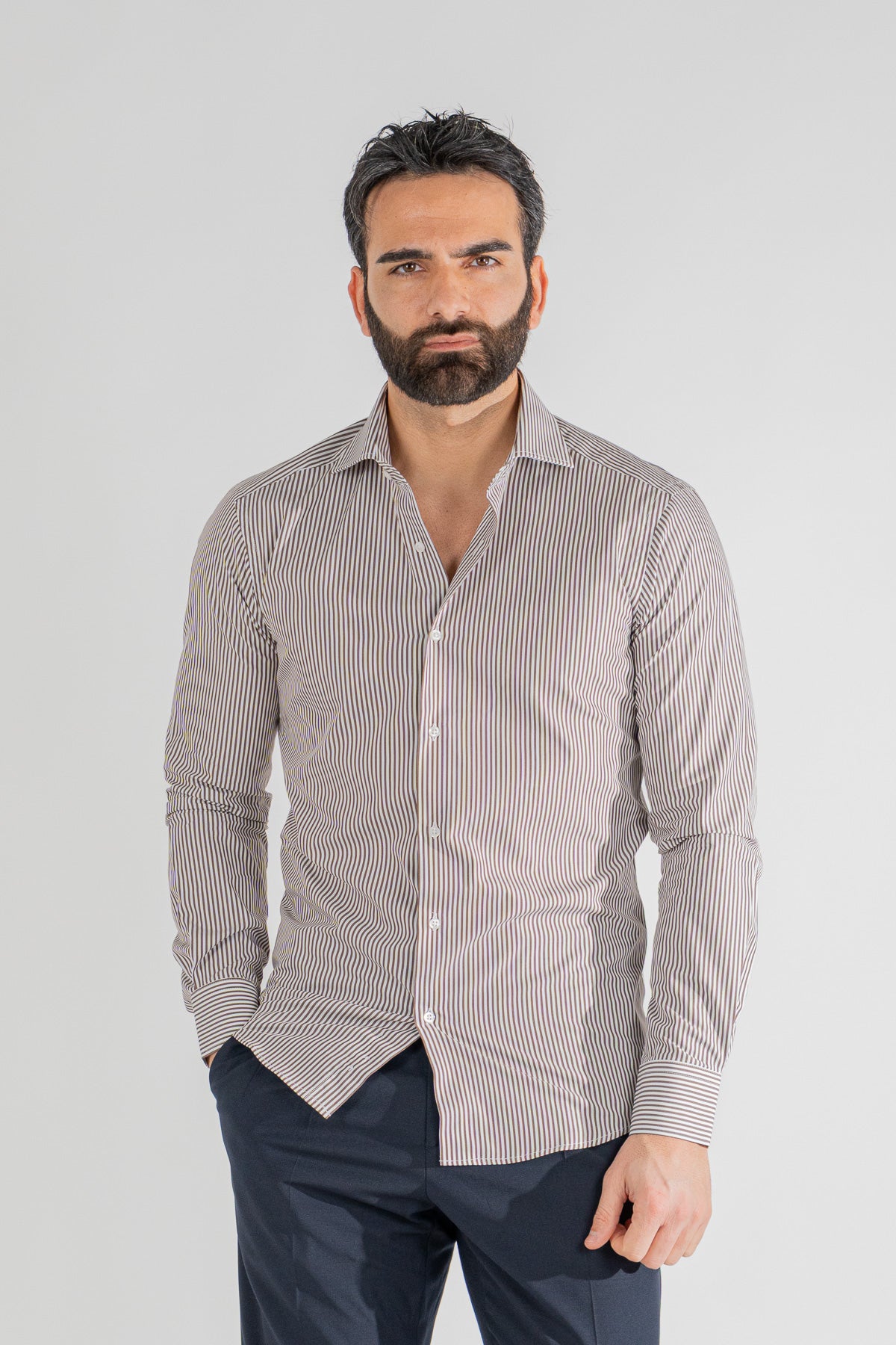 Camicia marrone a righe medie slim Fit uomo 100% cotone popeline collo semi francese Tessuti Twill