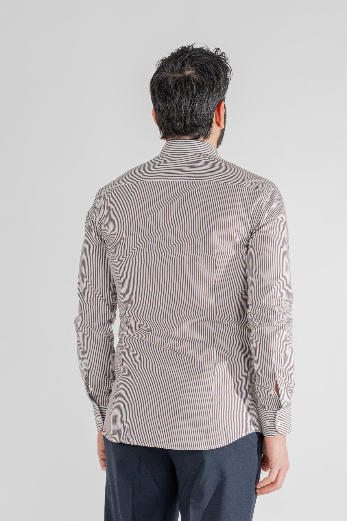 Camicia marrone a righe medie slim Fit uomo 100% cotone popeline collo semi francese Tessuti Twill