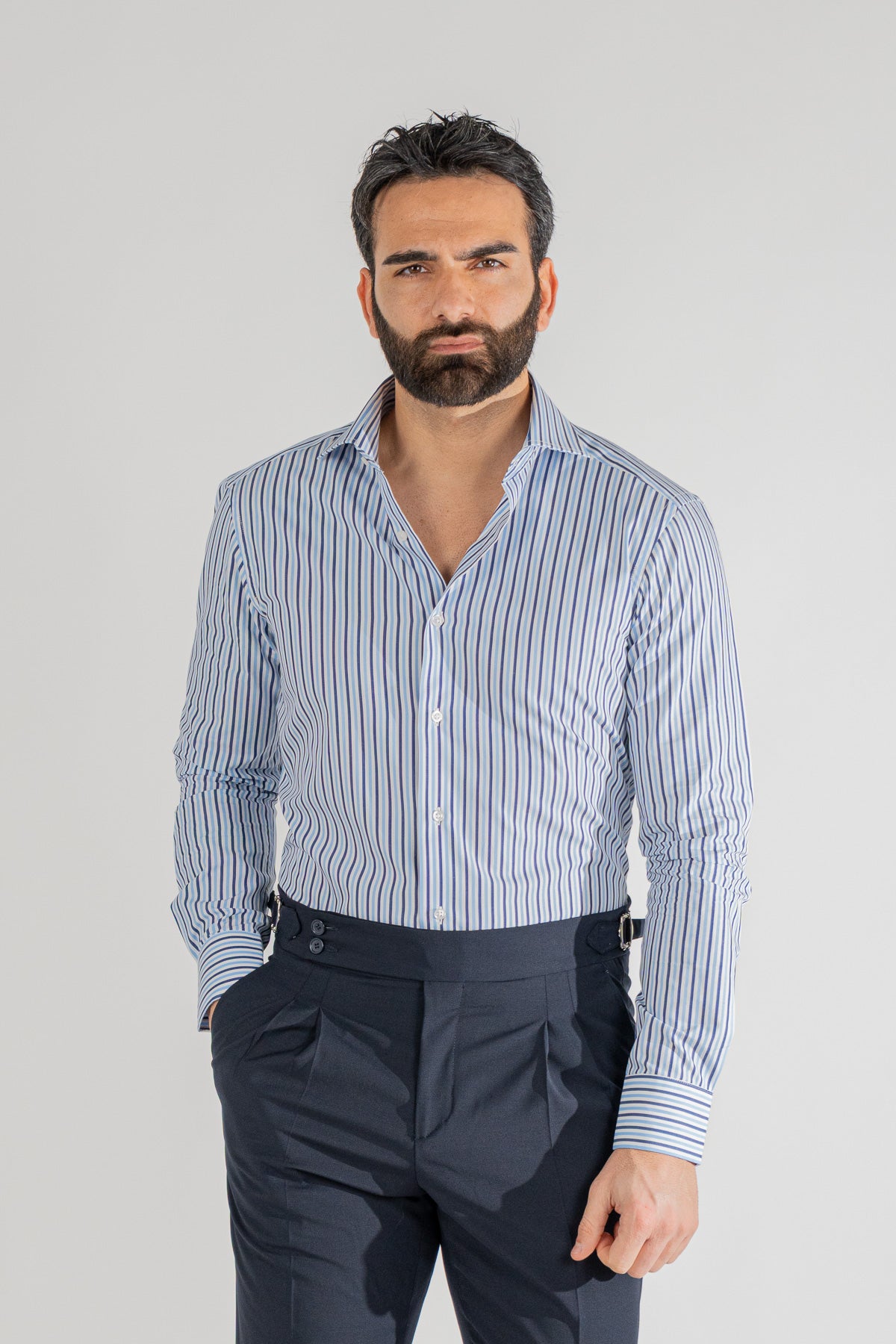 Camicia a righe blu e celesti Medie slim Fit uomo 100% cotone popeline collo semi francese Tessuti Twill
