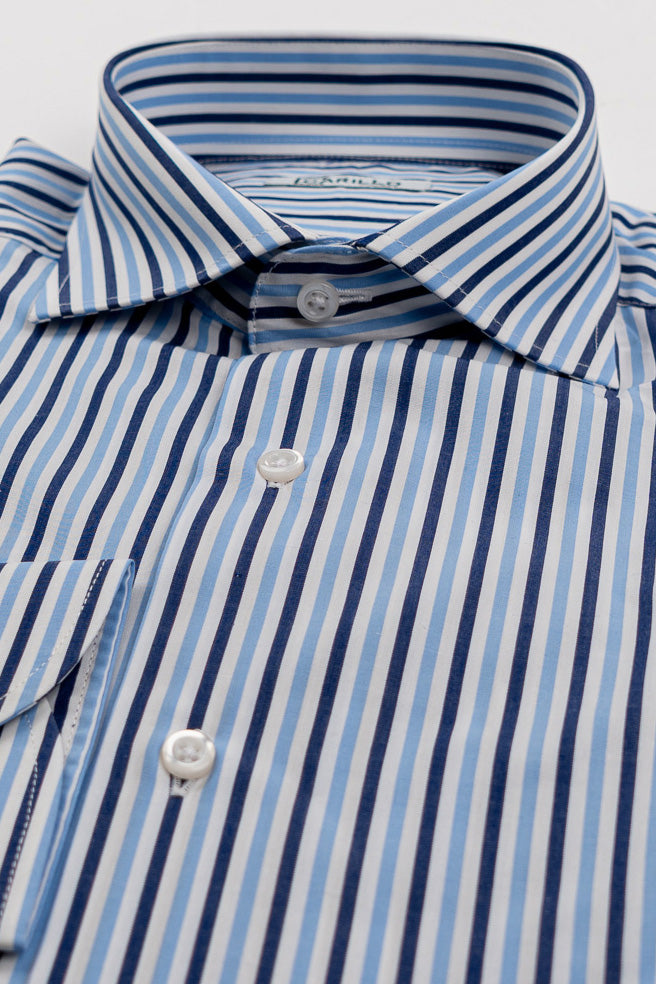 Camicia a righe blu e celesti Medie slim Fit uomo 100% cotone popeline collo semi francese Tessuti Twill