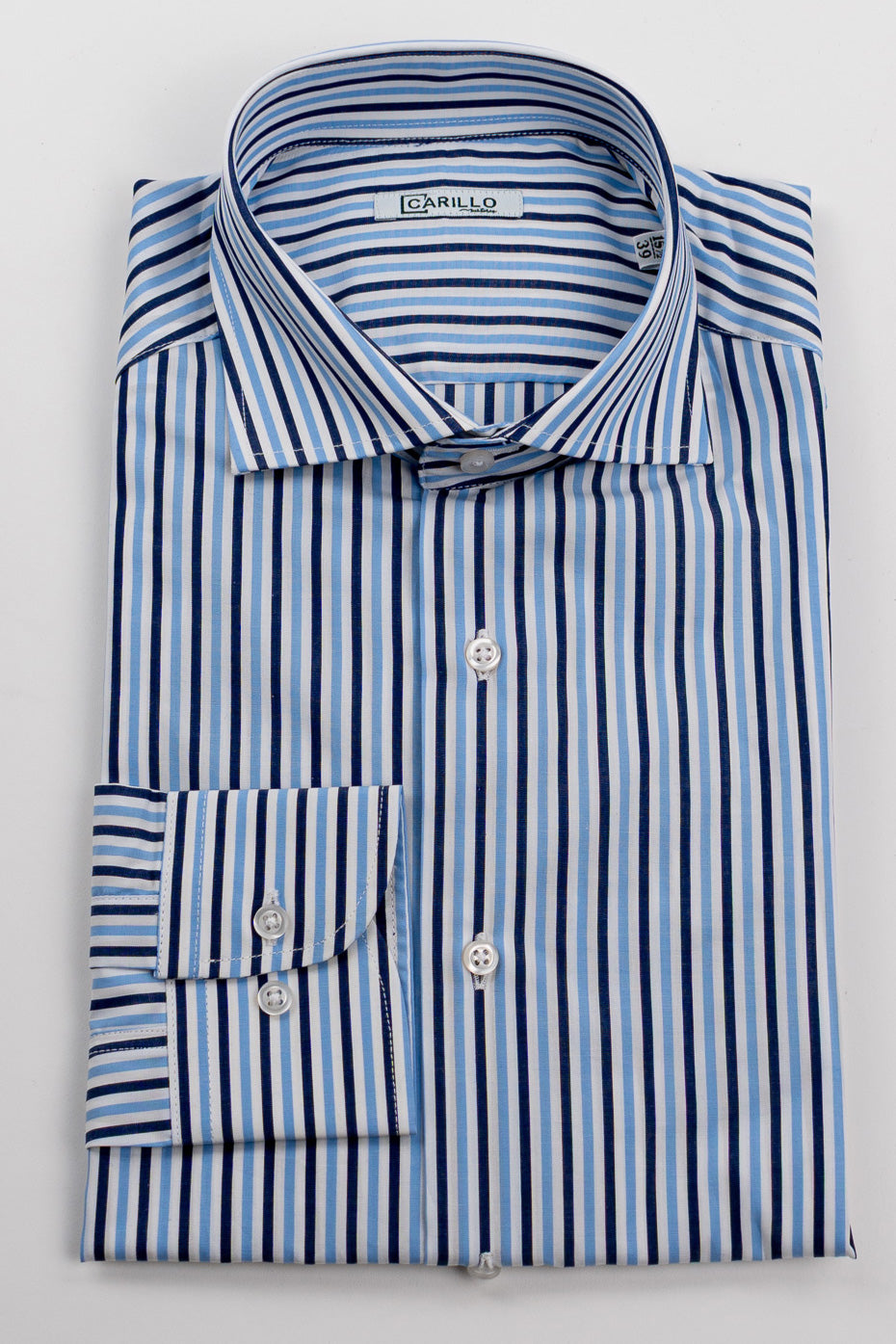 Camicia a righe blu e celesti Medie slim Fit uomo 100% cotone popeline collo semi francese Tessuti Twill