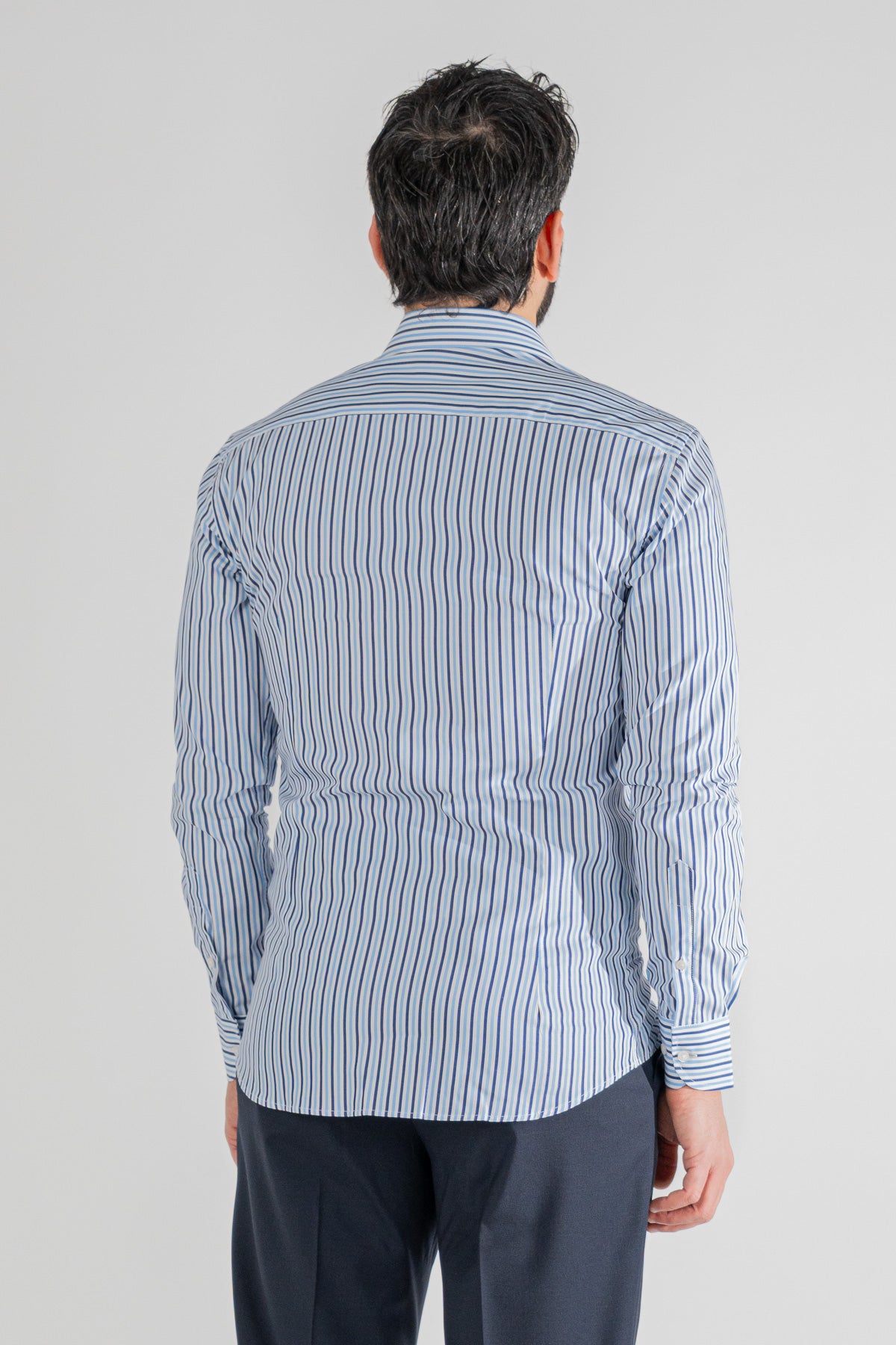Camicia a righe blu e celesti Medie slim Fit uomo 100% cotone popeline collo semi francese Tessuti Twill