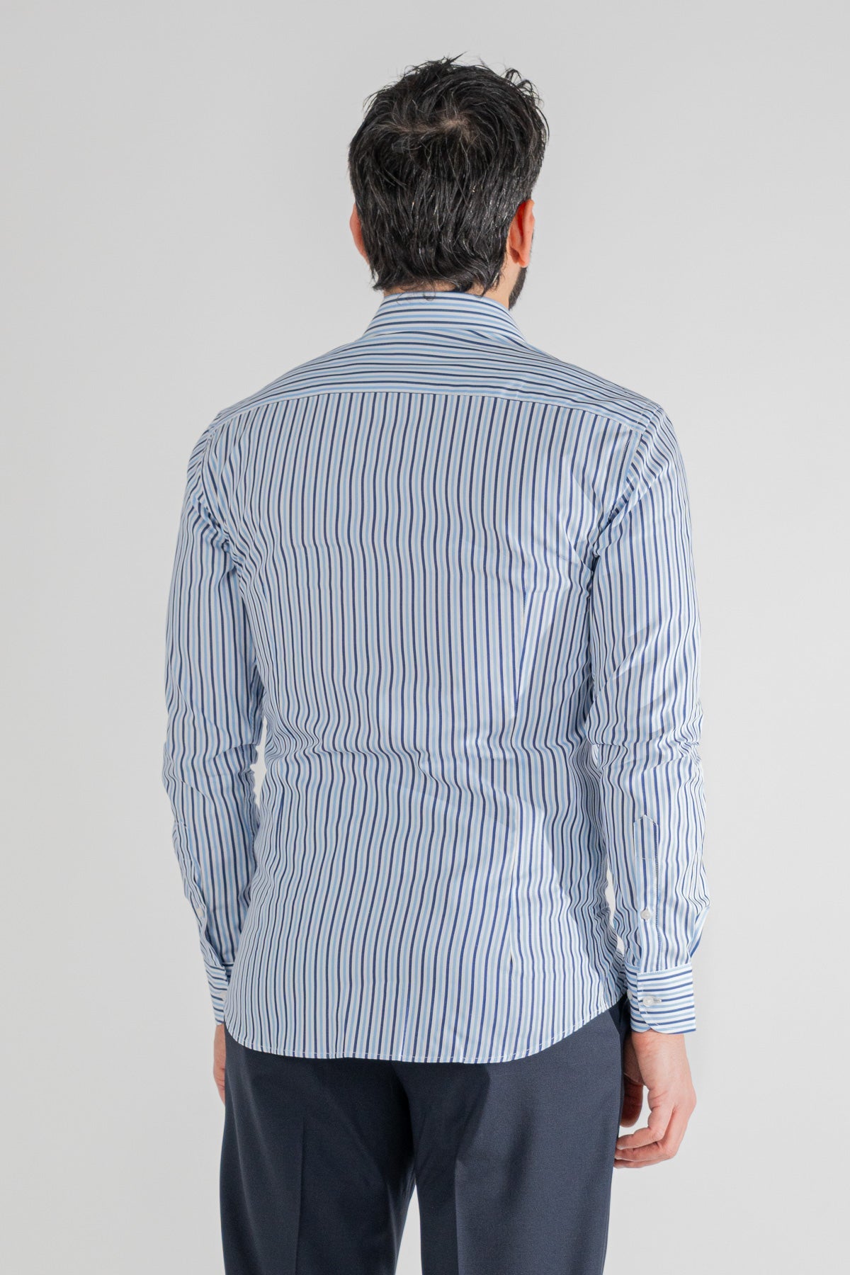 Camicia a righe blu e celesti Medie slim Fit uomo 100% cotone popeline collo semi francese Tessuti Twill