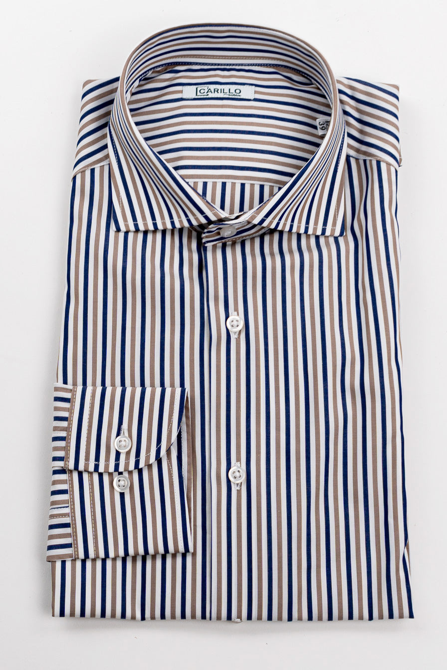 Camicia a righe blu e beige Medie slim Fit uomo 100% cotone popeline collo semi francese Tessuti Twill