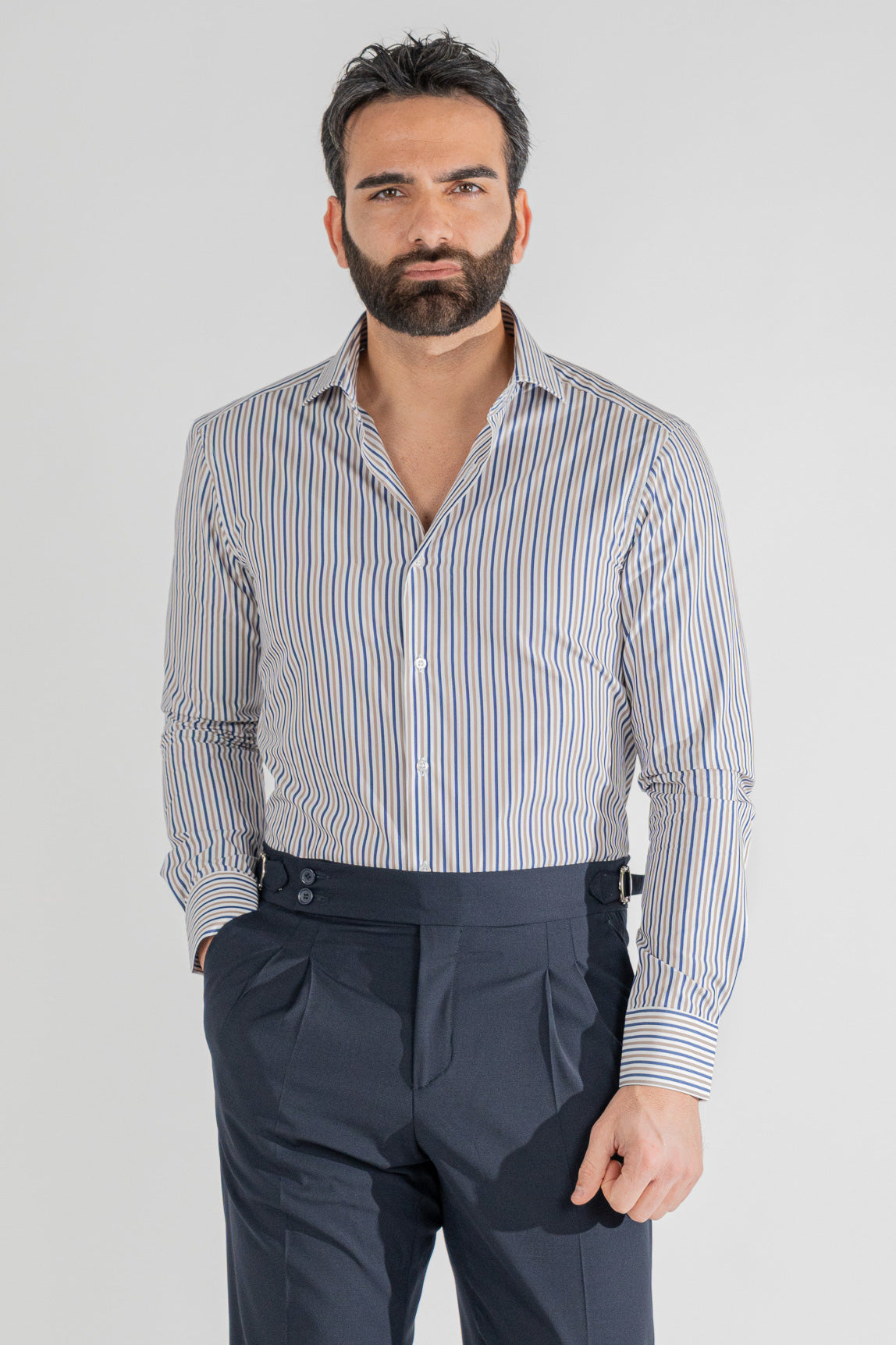 Camicia a righe blu e beige Medie slim Fit uomo 100% cotone popeline collo semi francese Tessuti Twill