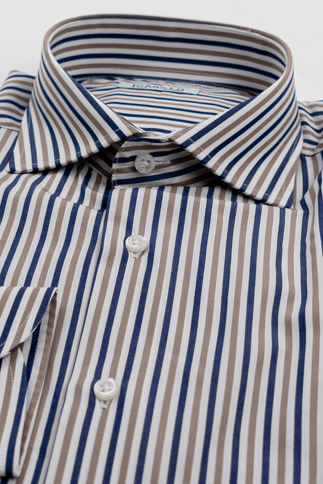Camicia a righe blu e beige Medie slim Fit uomo 100% cotone popeline collo semi francese Tessuti Twill