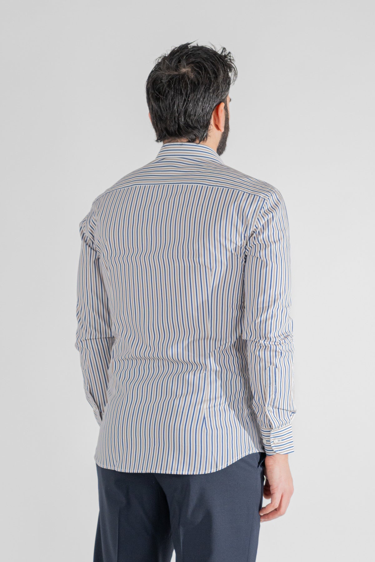 Camicia a righe blu e beige Medie slim Fit uomo 100% cotone popeline collo semi francese Tessuti Twill