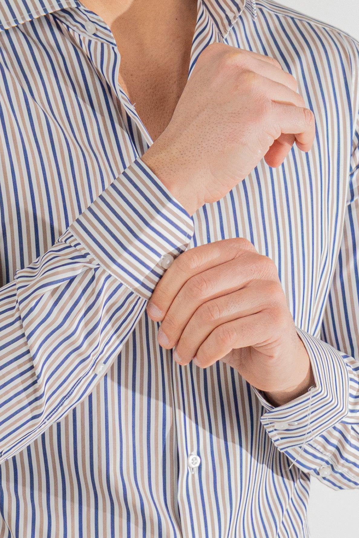 Camicia a righe blu e beige Medie slim Fit uomo 100% cotone popeline collo semi francese Tessuti Twill