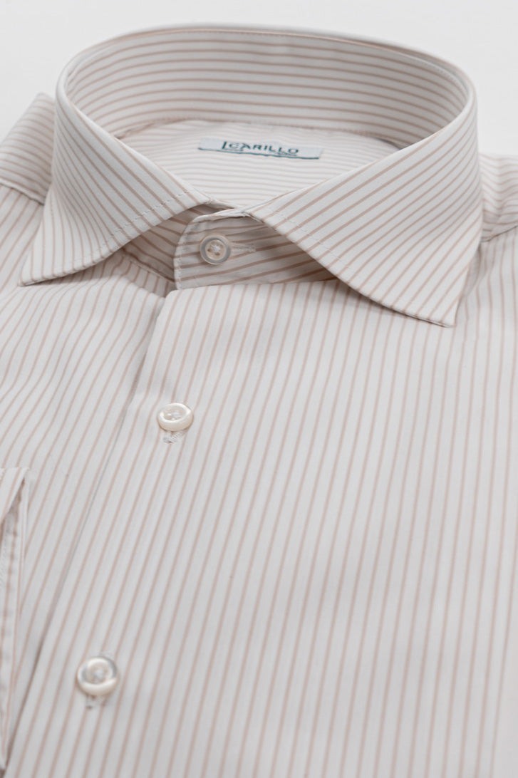 Camicia a righe beige slim Fit uomo elasticizzata collo semi francese Tessuti Twill