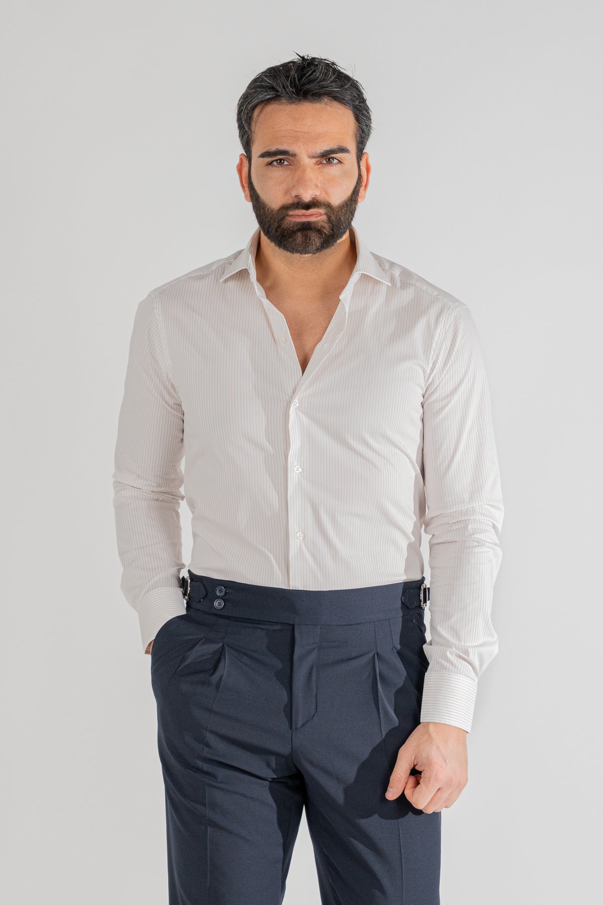 Camicia a righe beige slim Fit uomo elasticizzata collo semi francese Tessuti Twill