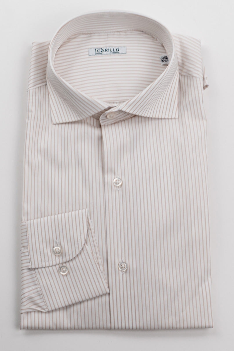 Camicia a righe beige slim Fit uomo elasticizzata collo semi francese Tessuti Twill