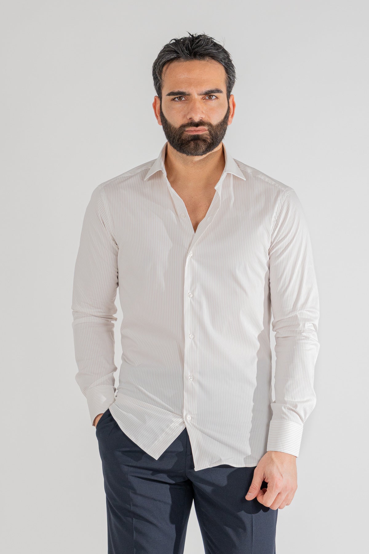 Camicia a righe beige slim Fit uomo elasticizzata collo semi francese Tessuti Twill