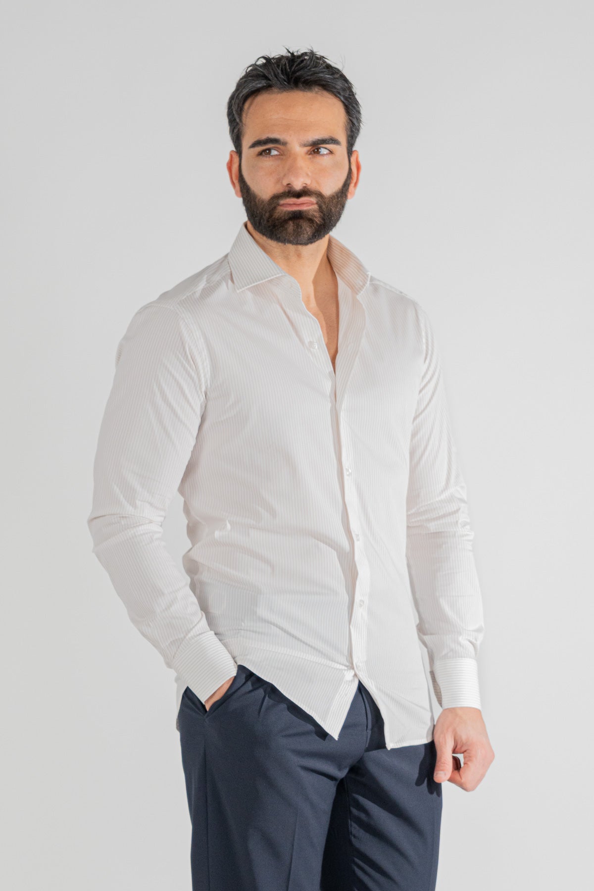 Camicia a righe beige slim Fit uomo elasticizzata collo semi francese Tessuti Twill