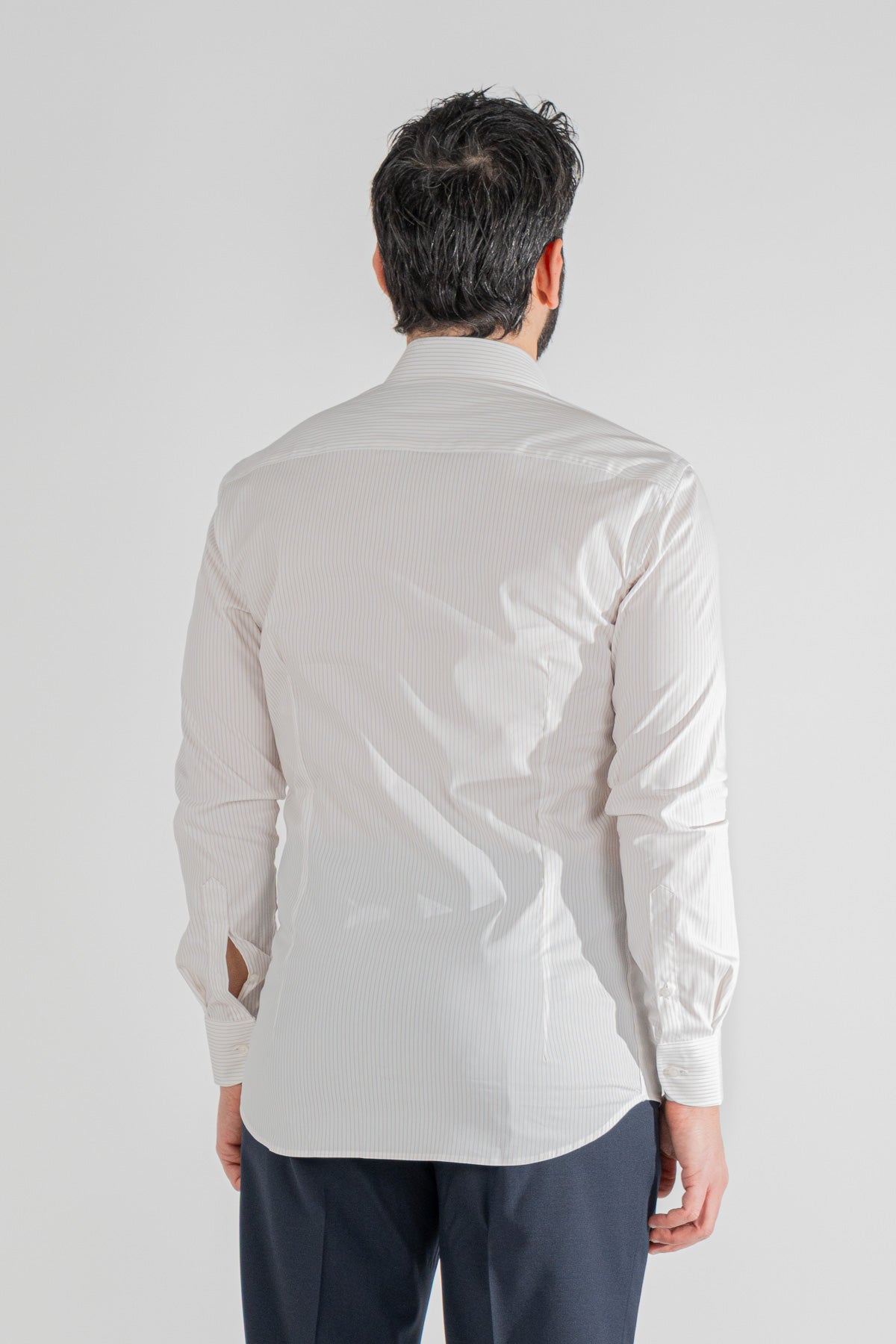Camicia a righe beige slim Fit uomo elasticizzata collo semi francese Tessuti Twill