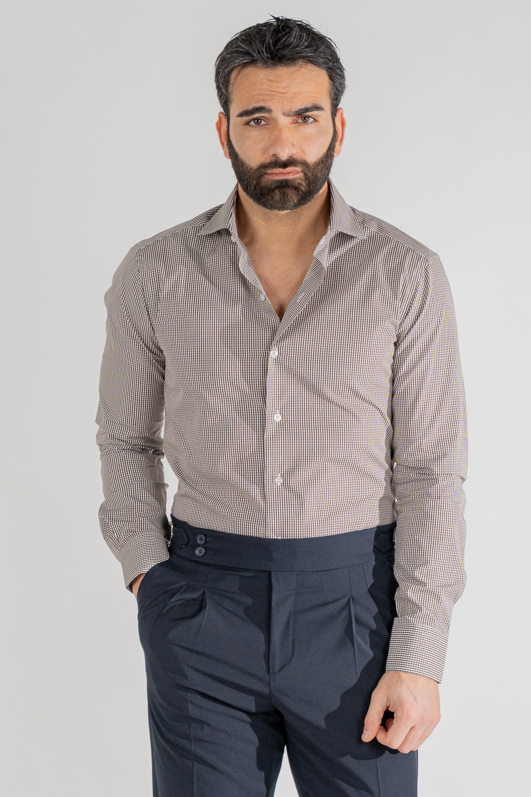 Camicia a quadri marrone slim Fit uomo 100% cotone popeline collo semi francese Tessuti Twill