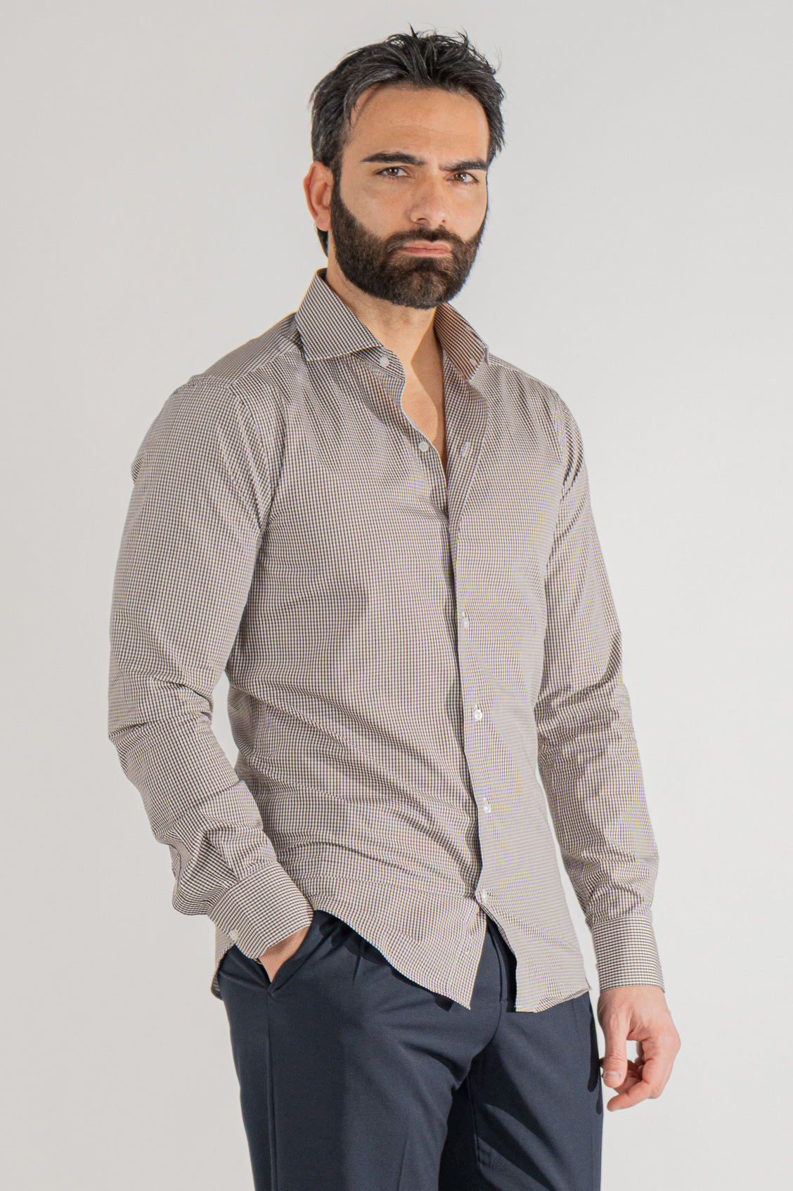 Camicia a quadri marrone slim Fit uomo 100% cotone popeline collo semi francese Tessuti Twill