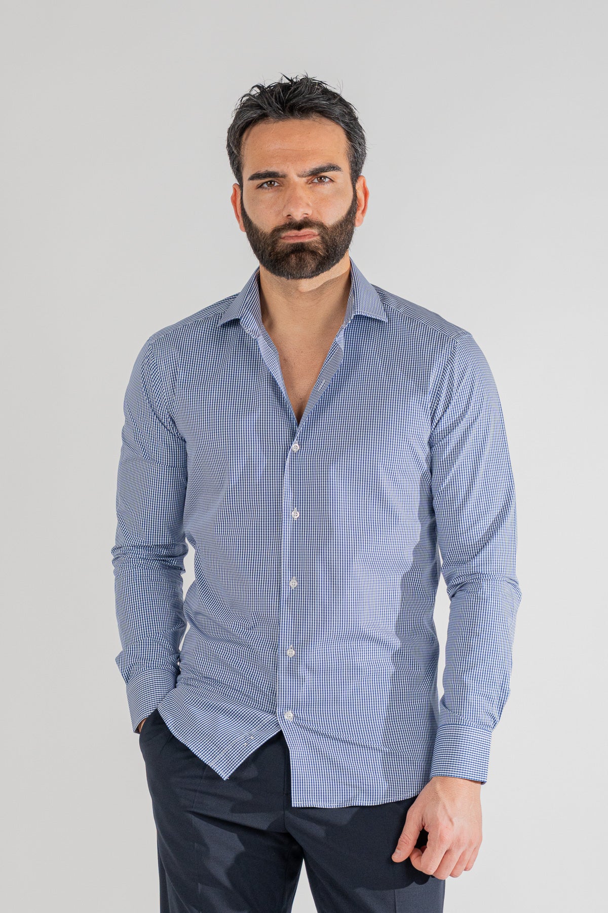 Camicia a quadri blu navy slim Fit uomo 100% cotone popeline collo semi francese Tessuti Twill