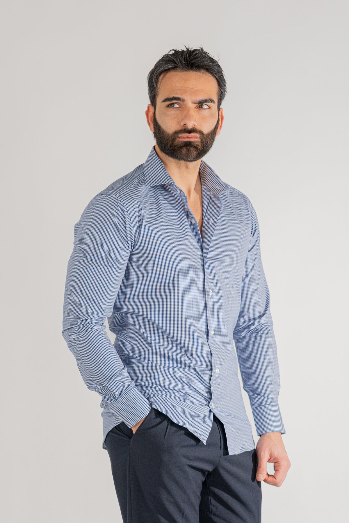 Camicia a quadri blu navy slim Fit uomo 100% cotone popeline collo semi francese Tessuti Twill