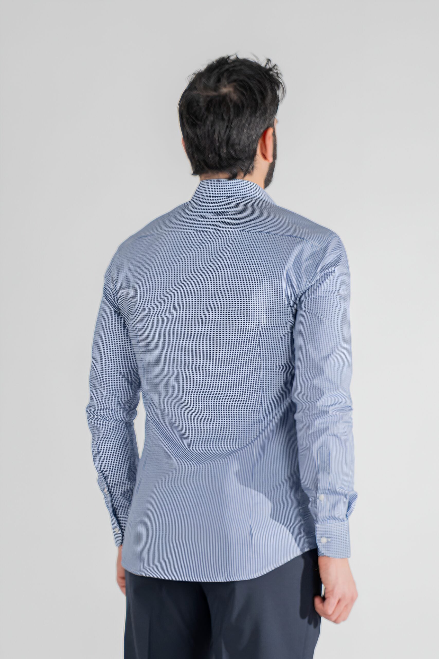Camicia a quadri blu navy slim Fit uomo 100% cotone popeline collo semi francese Tessuti Twill