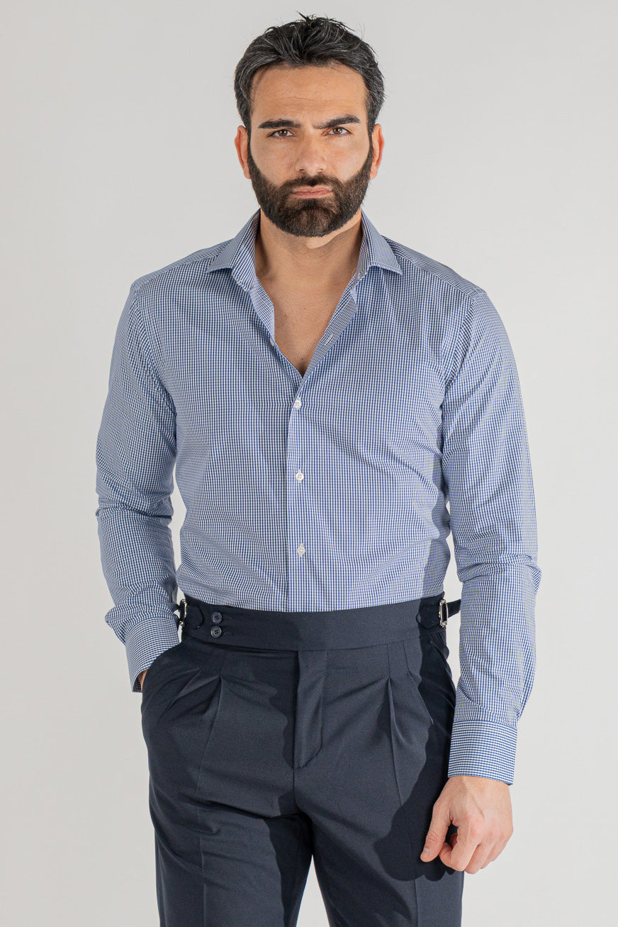 Camicia a quadri blu navy slim Fit uomo 100% cotone popeline collo semi francese Tessuti Twill