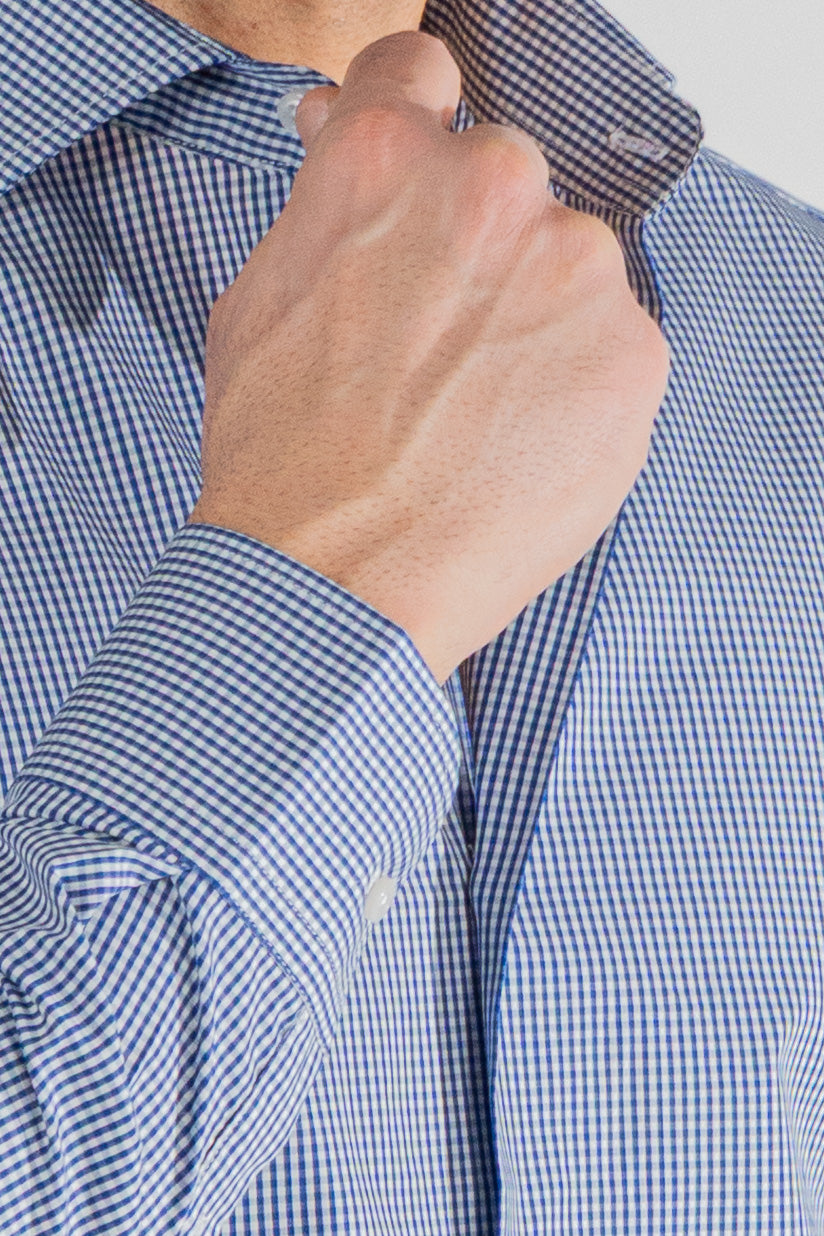 Camicia a quadri blu navy slim Fit uomo 100% cotone popeline collo semi francese Tessuti Twill