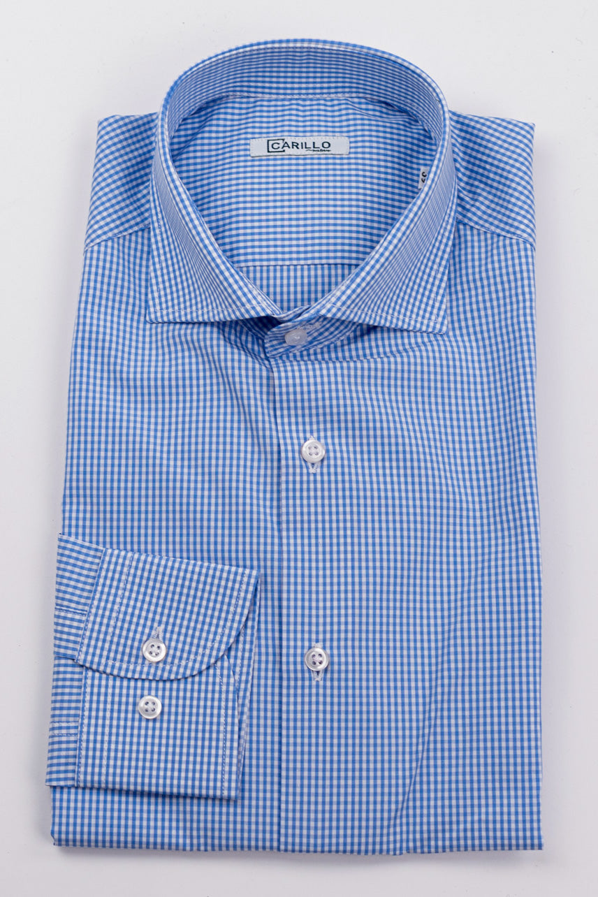 Camicia a quadri celeste slim Fit uomo 100% cotone popeline collo semi francese Tessuti Twill