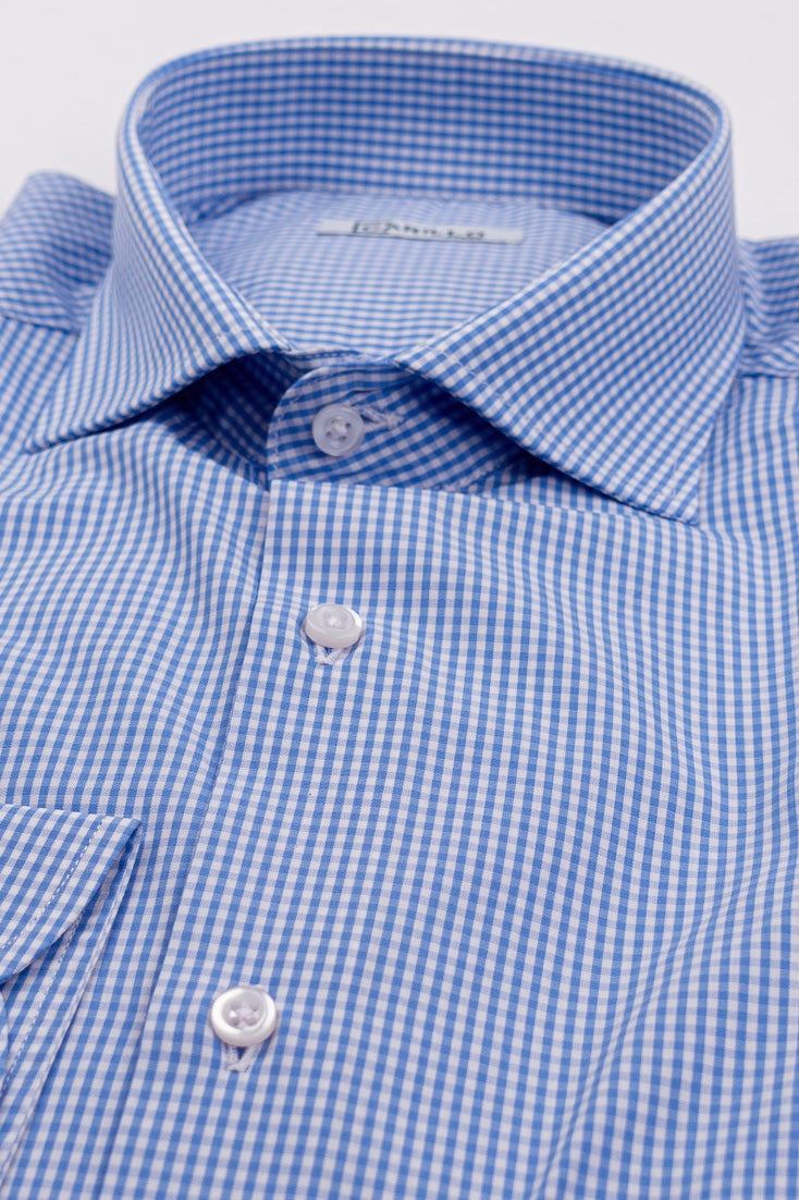 Camicia a quadri celeste slim Fit uomo 100% cotone popeline collo semi francese Tessuti Twill