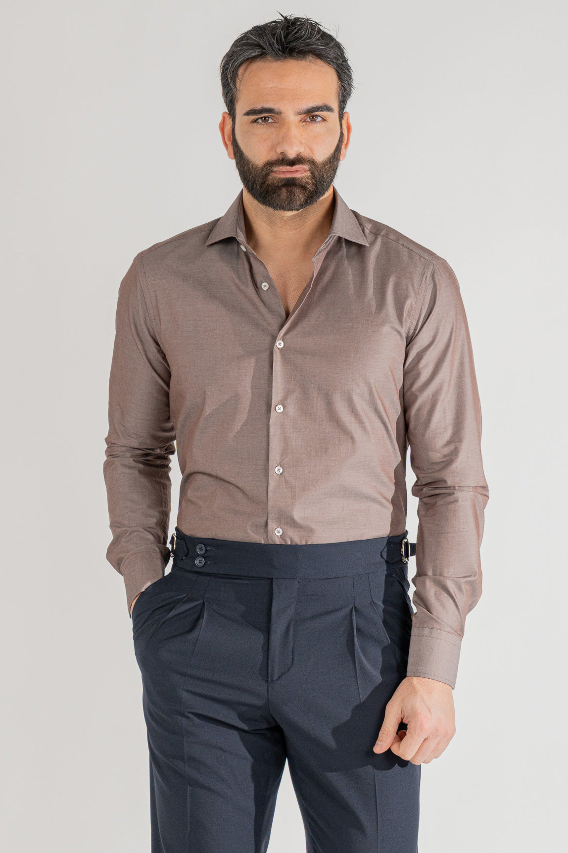 Camicia marrone effetto denim tinta unita slim Fit uomo 100% cotone popeline collo semi francese Tessuti Twill