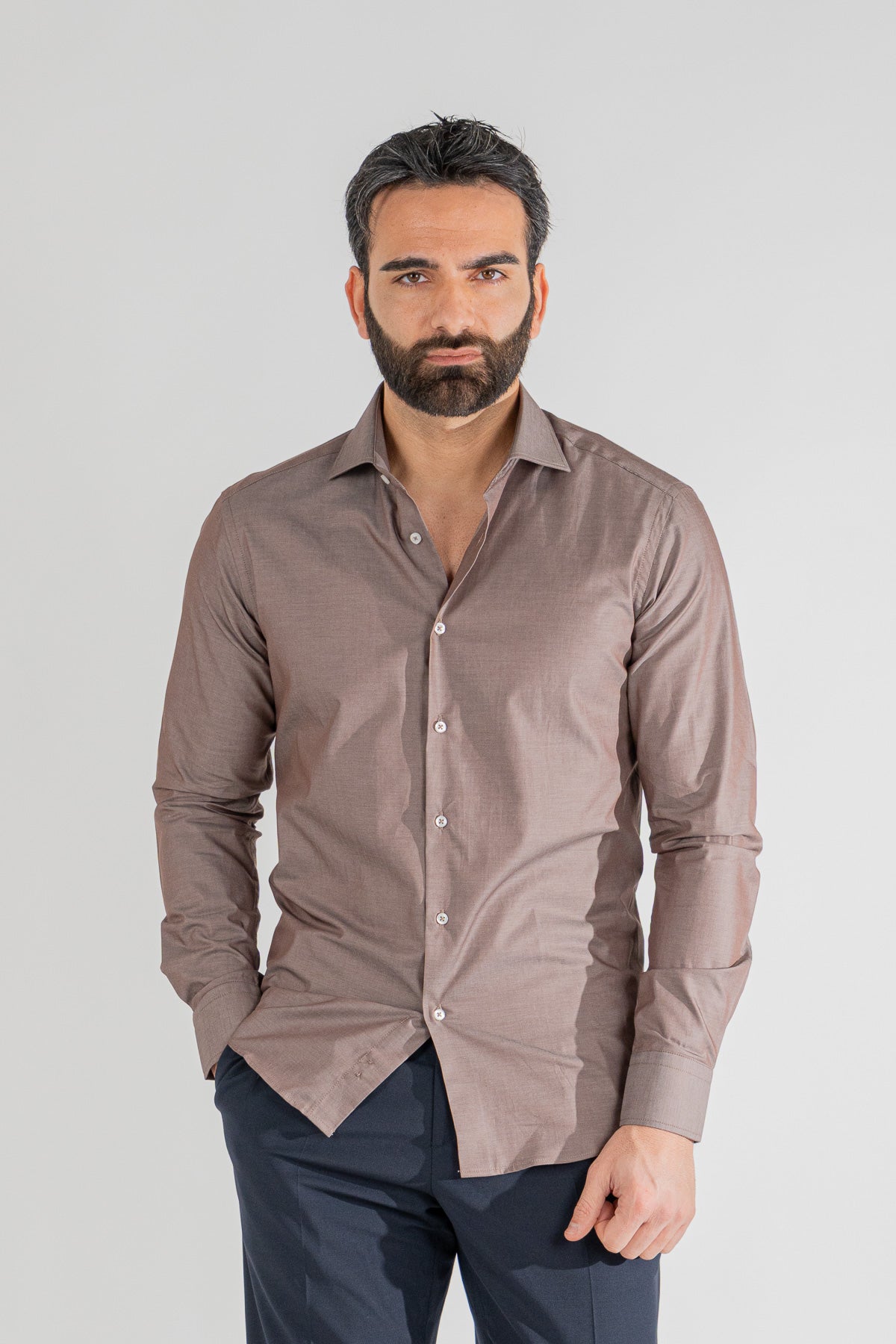 Camicia marrone effetto denim tinta unita slim Fit uomo 100% cotone popeline collo semi francese Tessuti Twill